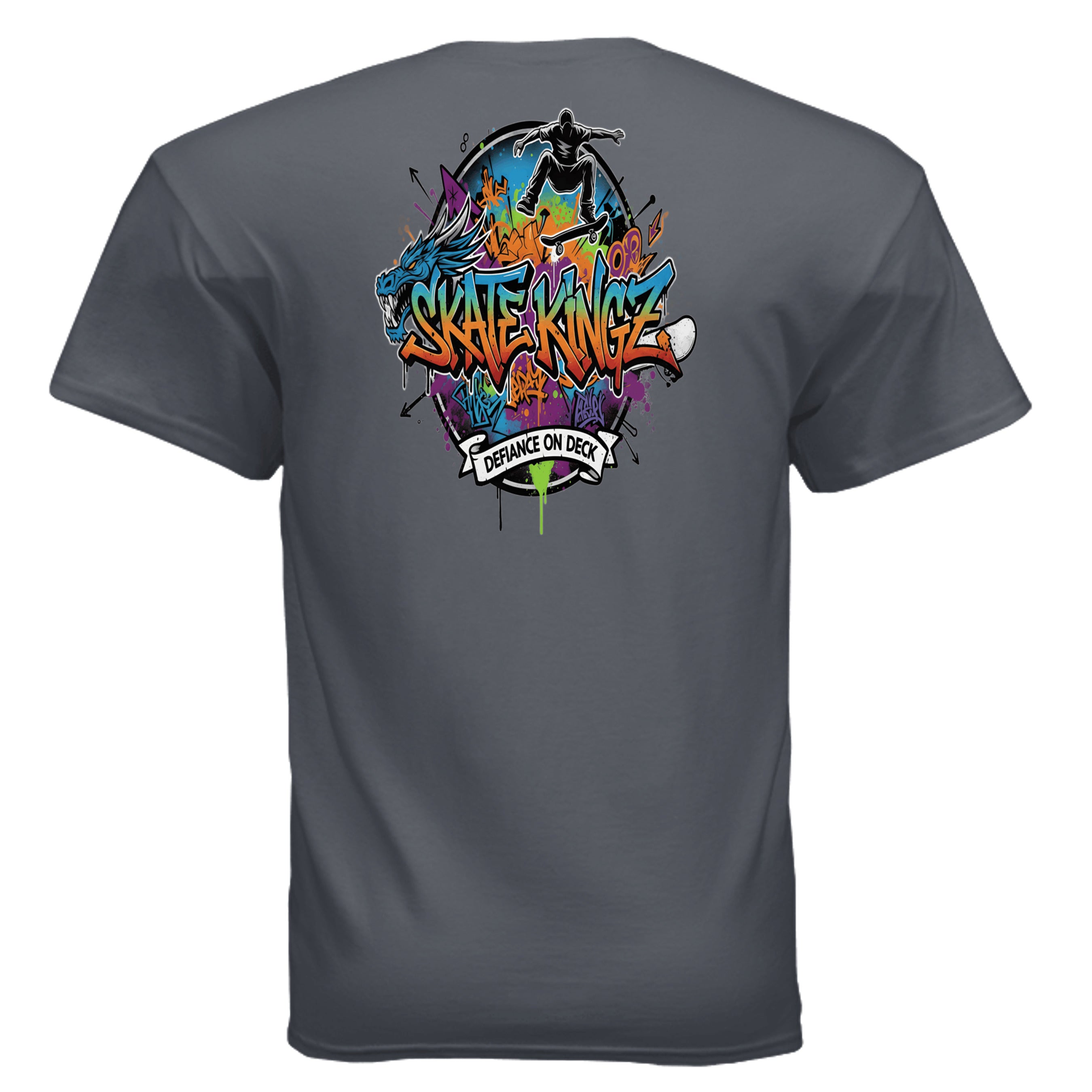 Skate kingz Defiance on Deck skateboard tee with bold graffiti art and a rider silhouette