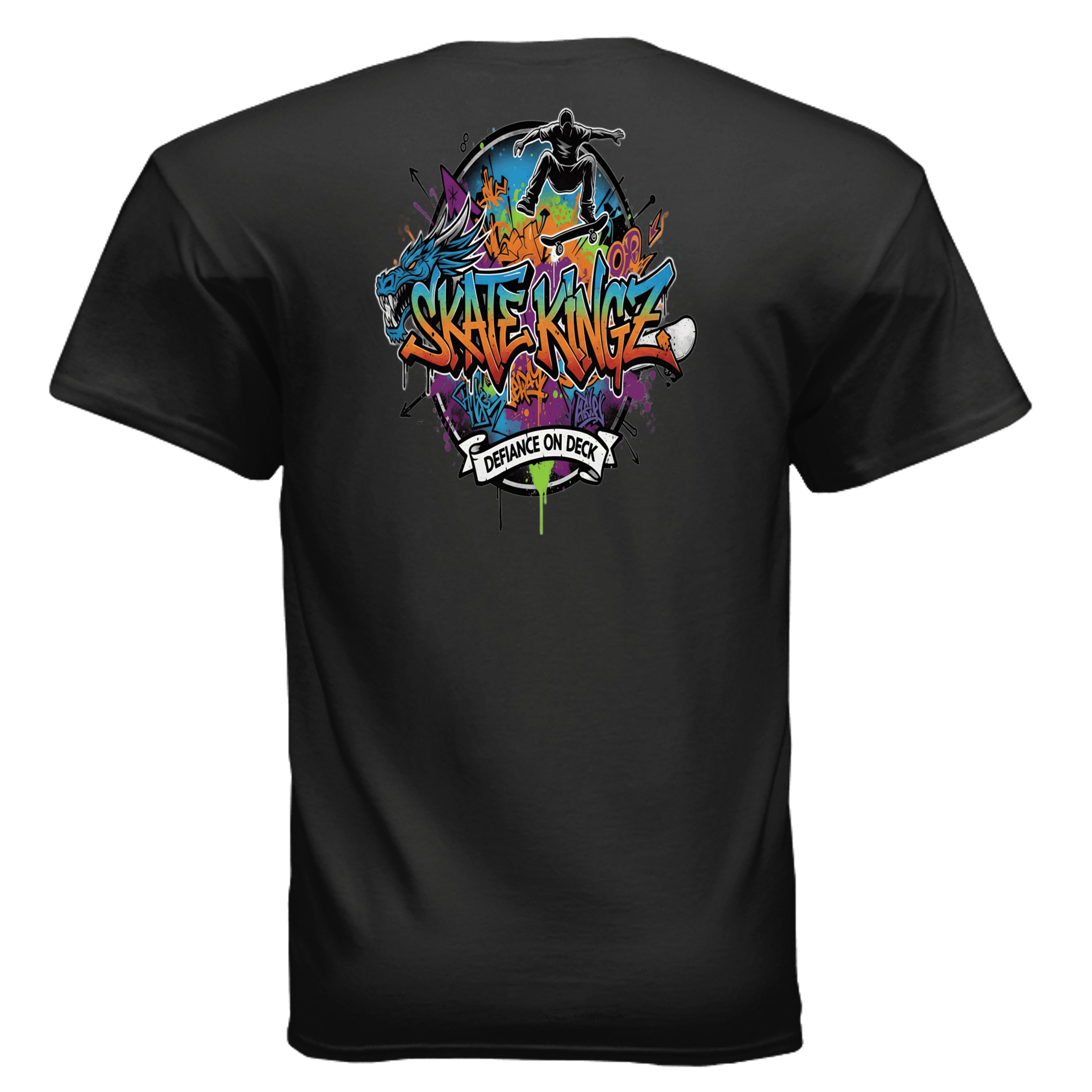 Skate Kingz Defiance on Deck tee with colorful graffiti skateboard art featuring a rider and dragon.