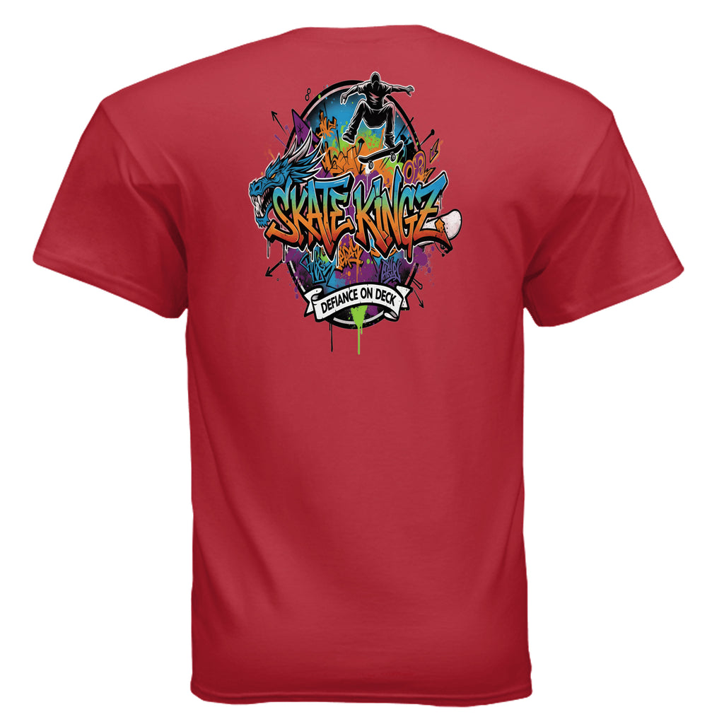 Skate Kingz Defiance on Deck skateboard tee for riders, featuring bold graffiti and a skater graphic on red shirt.