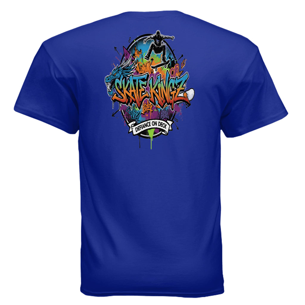 Skate kingz Defiance On Deck skateboard tee for riders, bold graffiti artwork with a skateboarder.