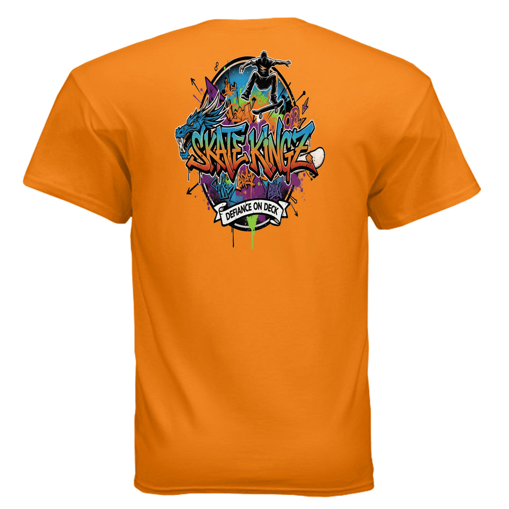 Skate kingz Defiance On Deck skateboard tee on orange shirt with bold graffiti art and skater silhouette
