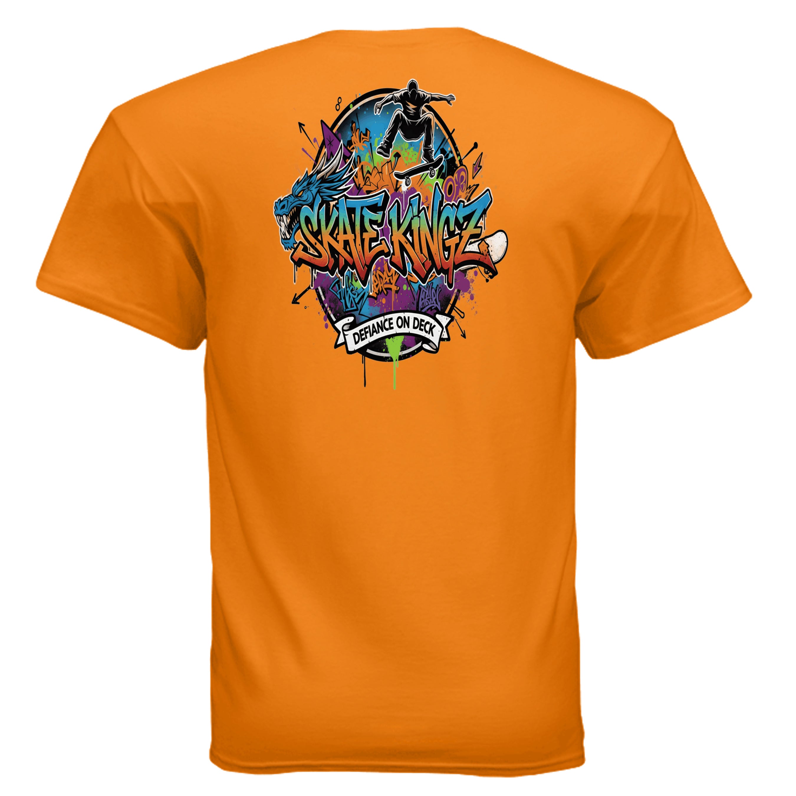Skate kingz Defiance On Deck skateboard tee on orange shirt with bold graffiti art and skater silhouette