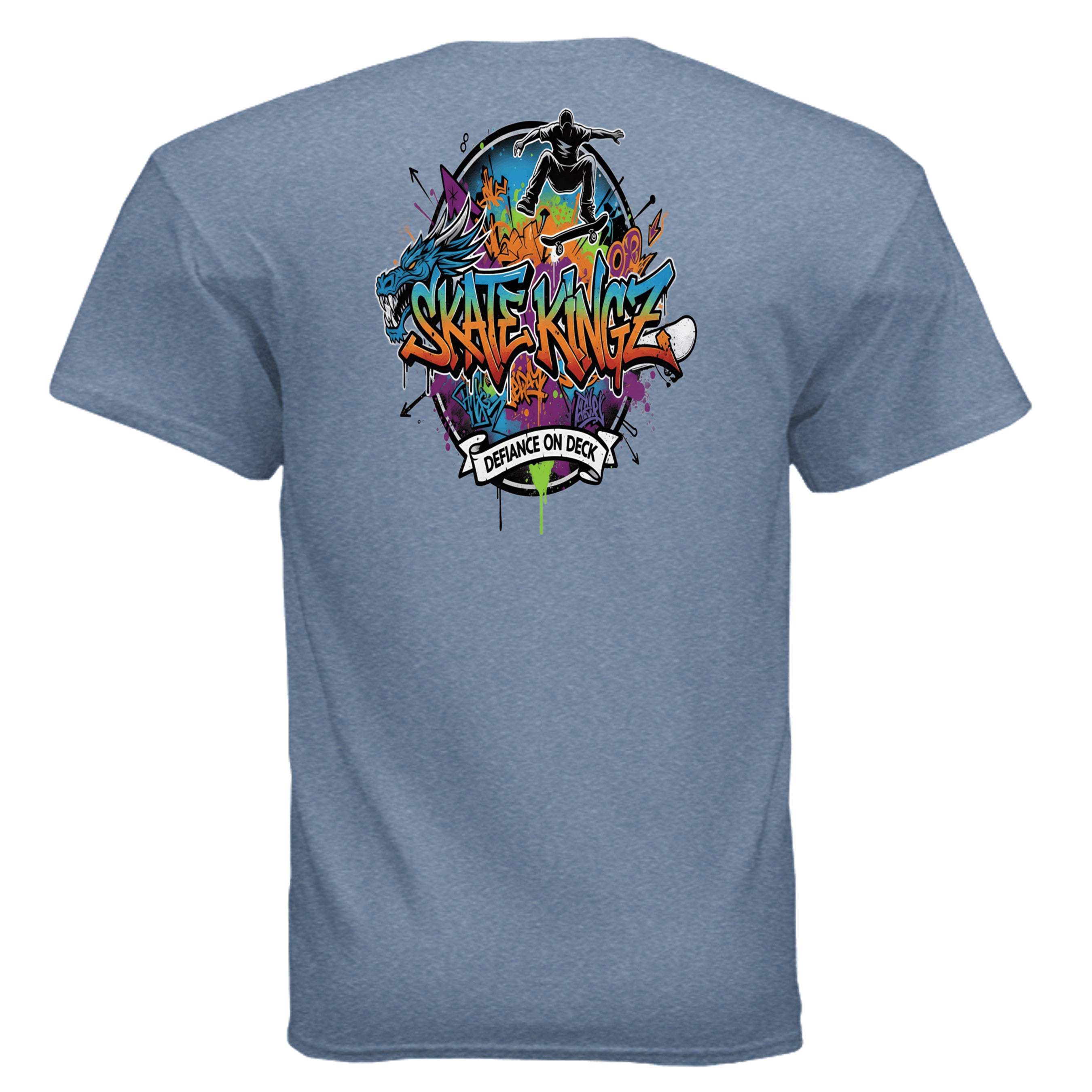 Graphic tee featuring Skate kingz Defiance On Deck logo with skateboarder and vibrant graffiti on blue shirt.