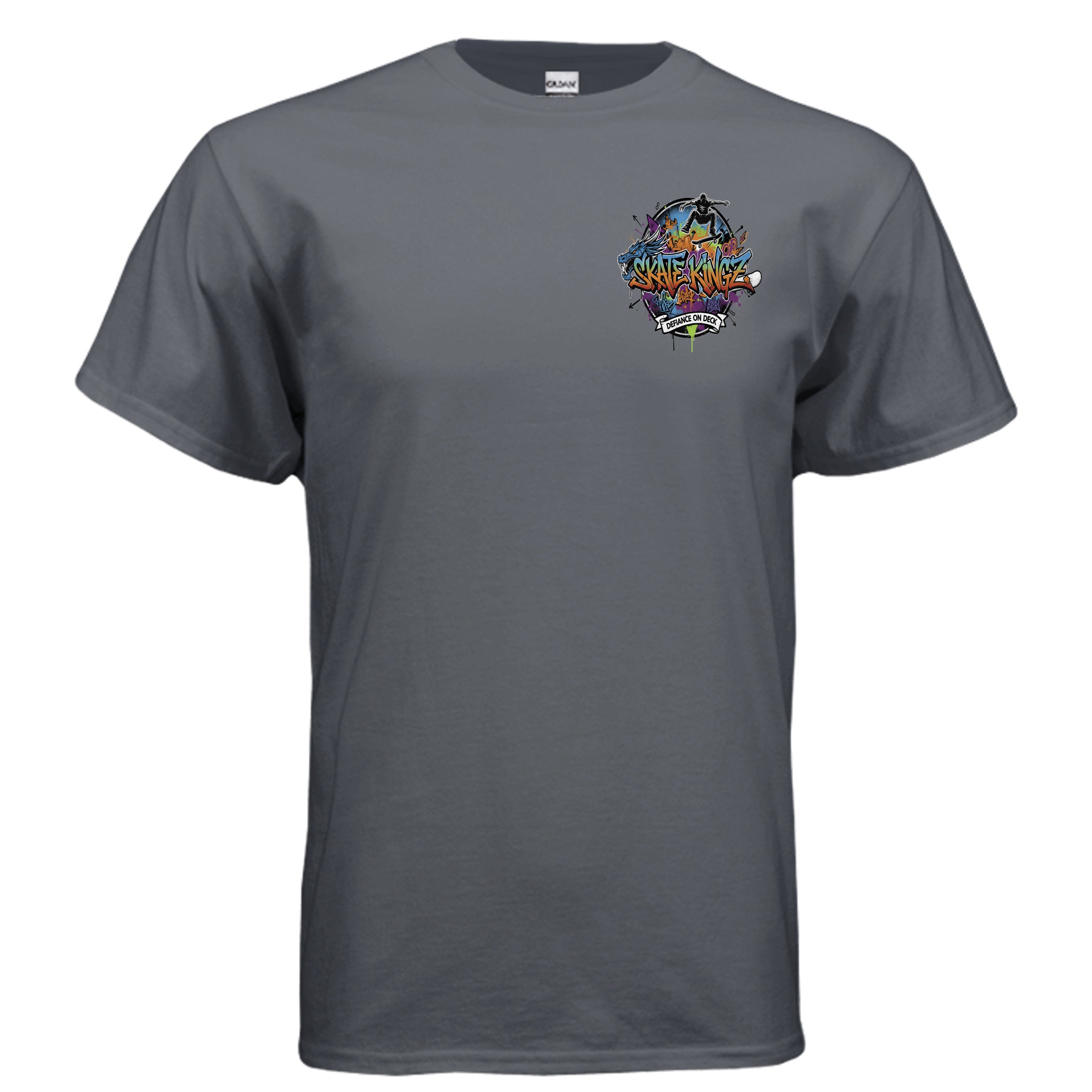 Skate kingz Defiance on Deck tee with bold graffiti skateboard artwork on chest.