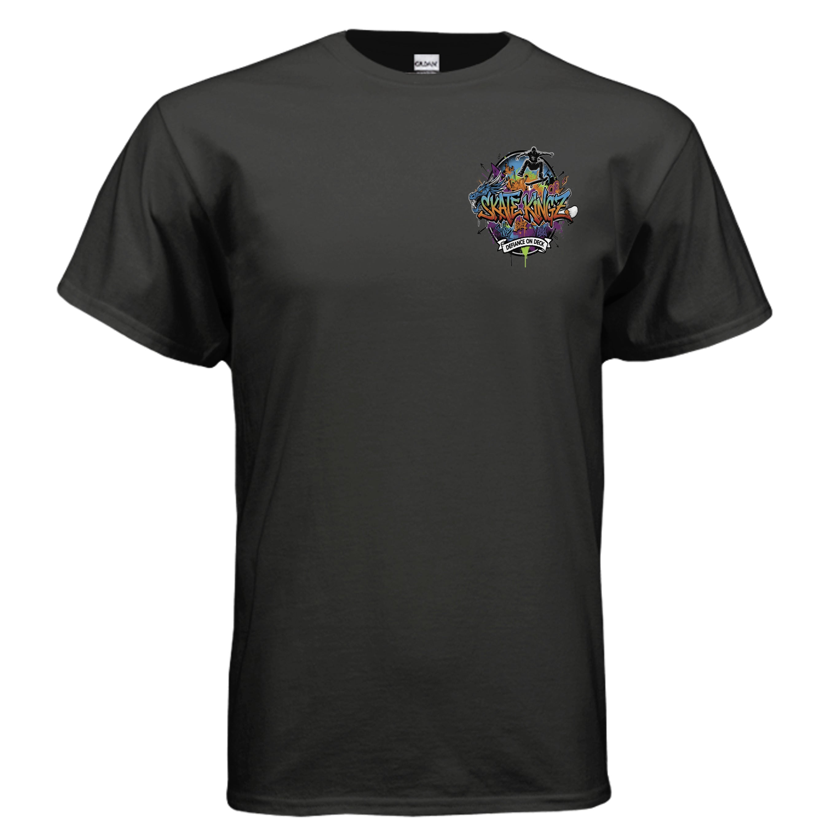 Front chest graphic on dark tee: Skate kingz Defiance On Deck with colorful graffiti, skater silhouette.