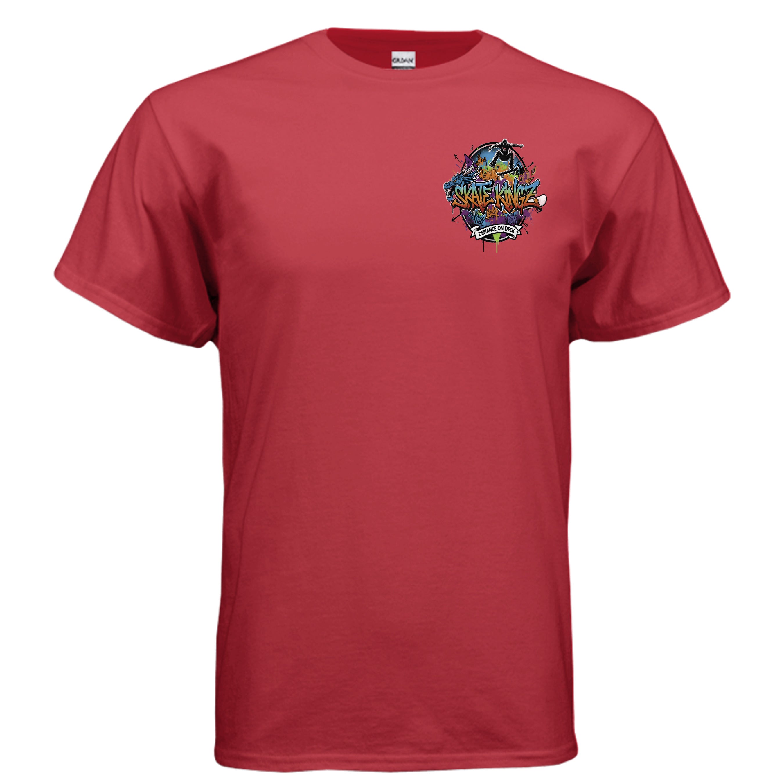 Red Skate Kingz Defiance on Deck tee with bold chest graphic of a skater.
