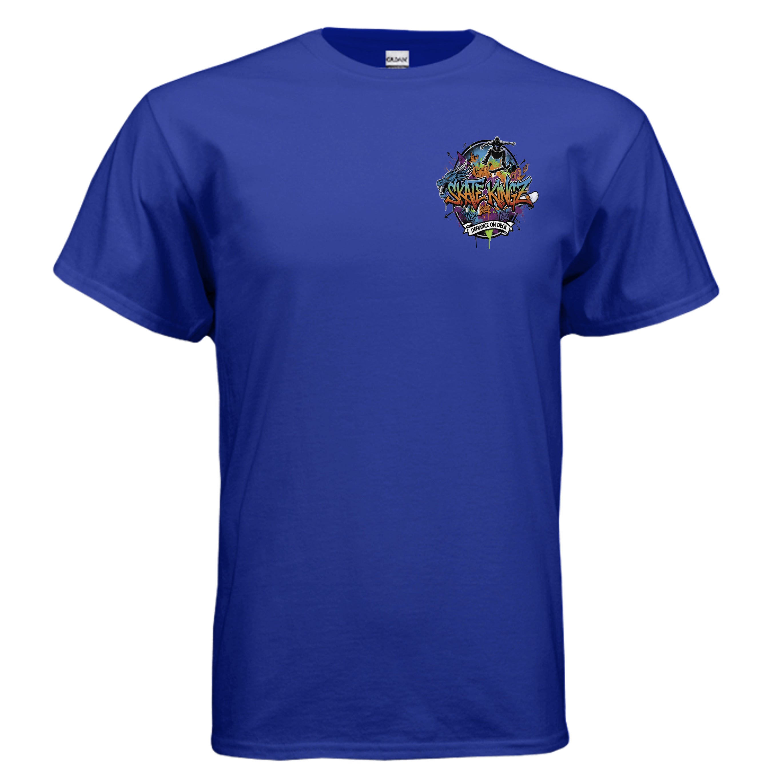 Blue Skate kingz Defiance on Deck tee with graffiti logo, skateboarder silhouette, and banner.