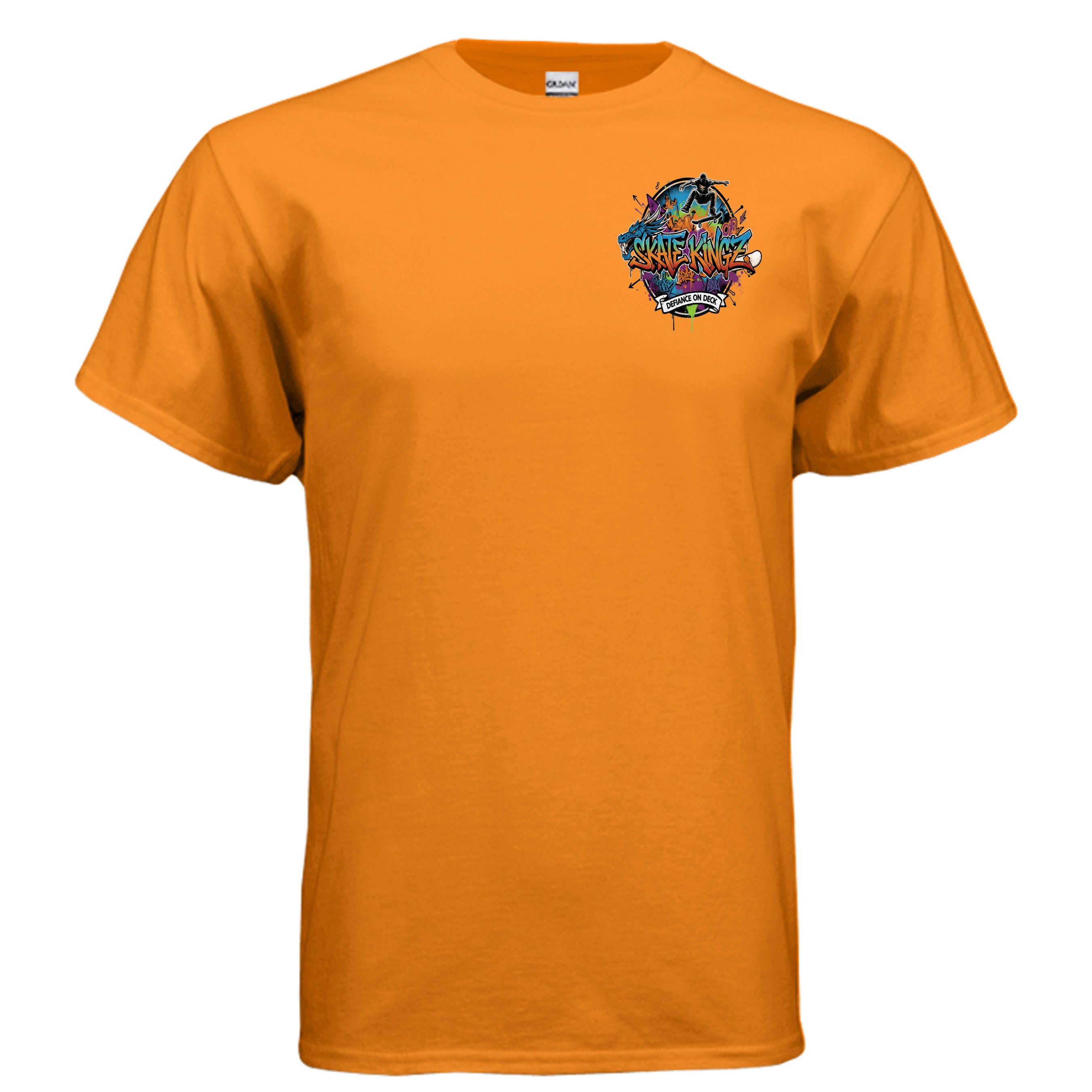 Skate Kingz Defiance on Deck tee for riders with graffiti-style logo and skateboarder on orange shirt.