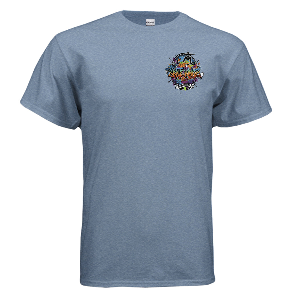 Skate Kingz Defiance on Deck graphic tee with a skateboarder, bold graffiti-style logo on the chest.