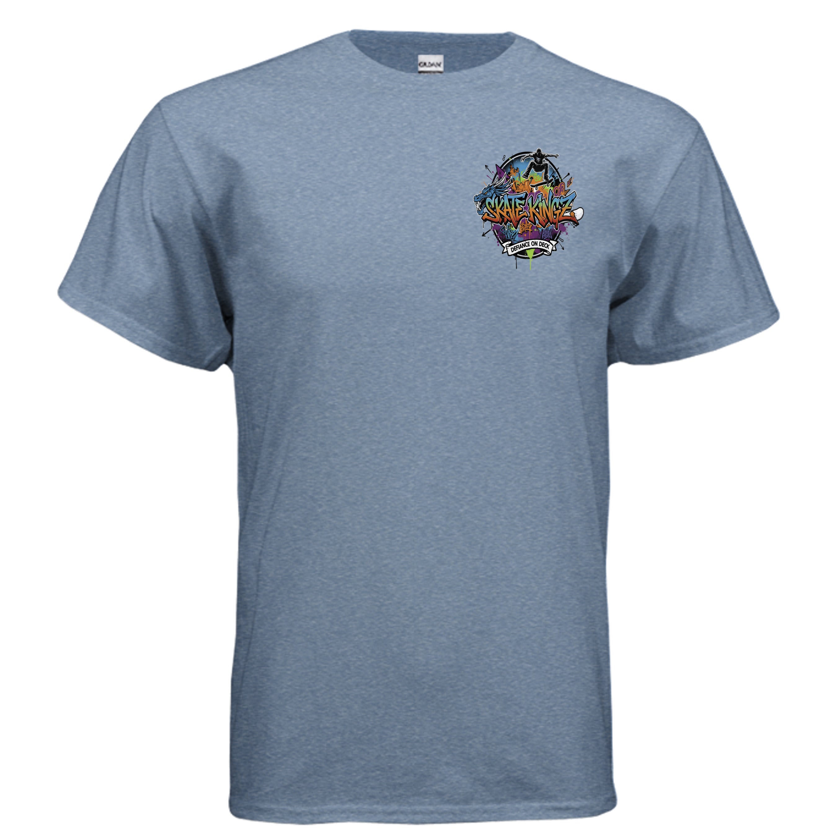 Skate Kingz Defiance on Deck graphic tee with a skateboarder, bold graffiti-style logo on the chest.