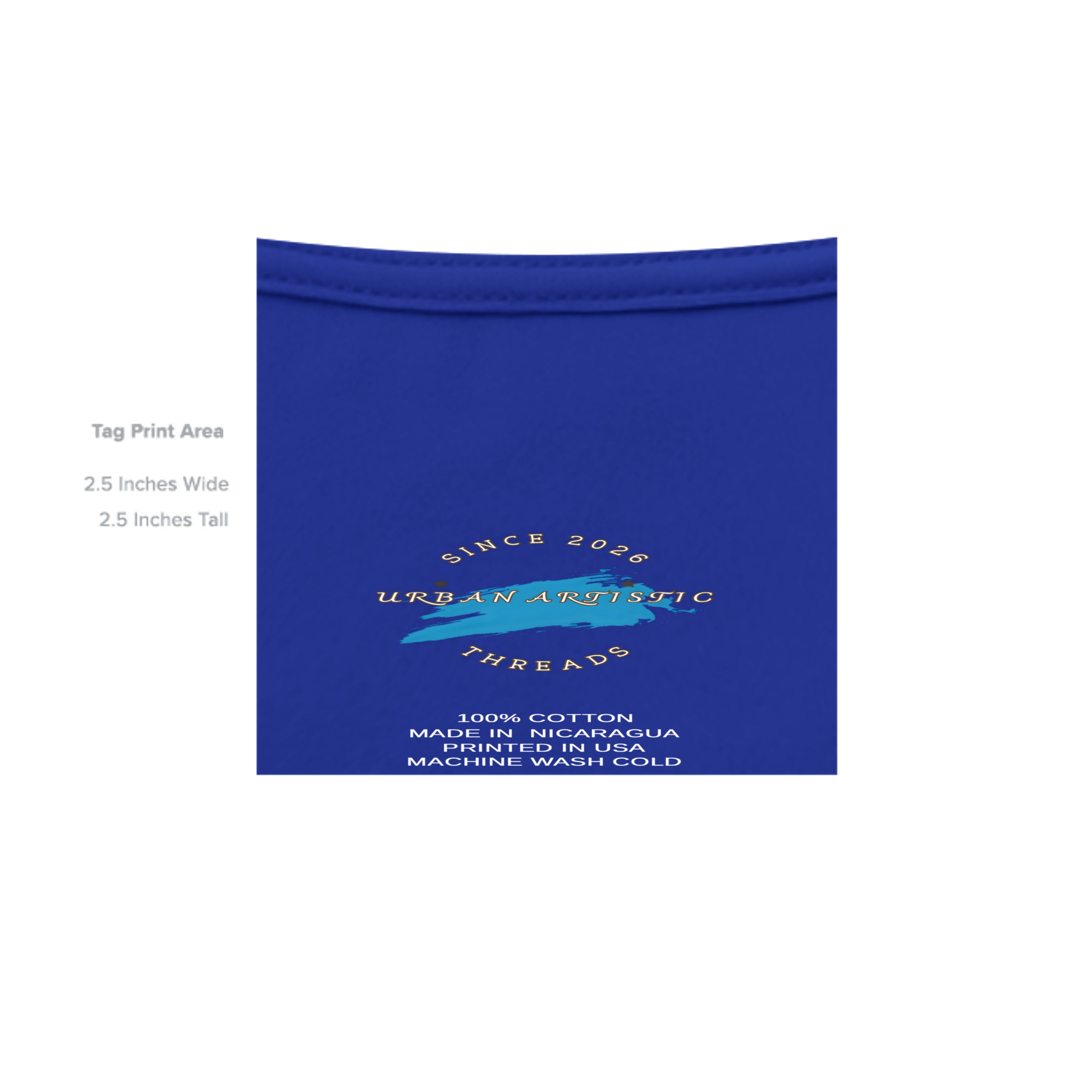 Blue cotton tee packaging with gold circular logo and turquoise brushstroke design.