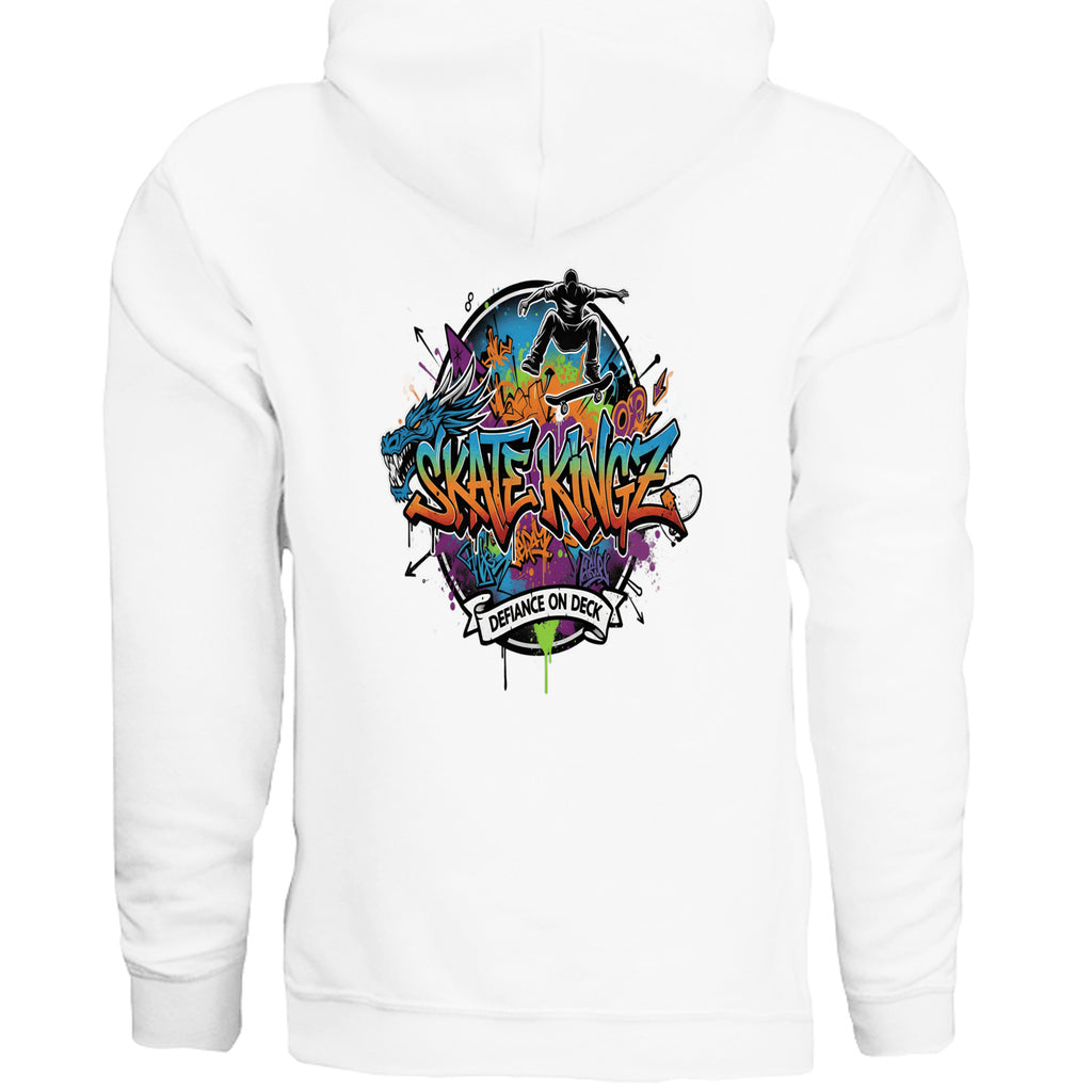 White hoodie with bold, multi-color graffiti skate design and Defiance on Deck banner.