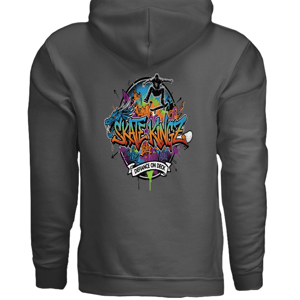 Urban Artistic Threads Skate Kingz Defiance on Deck hoodie with bold graffiti artwork.