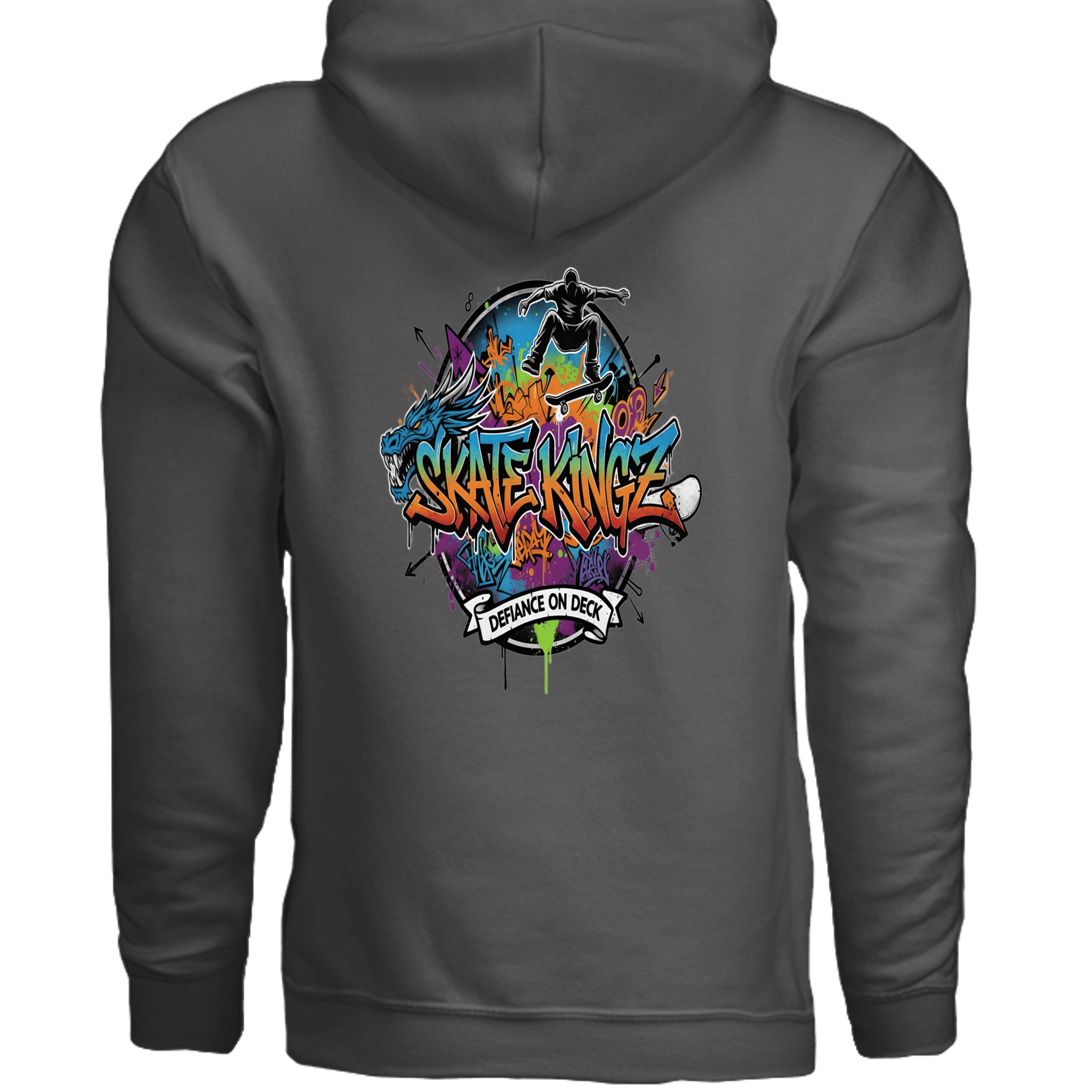 Urban Artistic Threads Skate Kingz Defiance on Deck hoodie with bold graffiti artwork.
