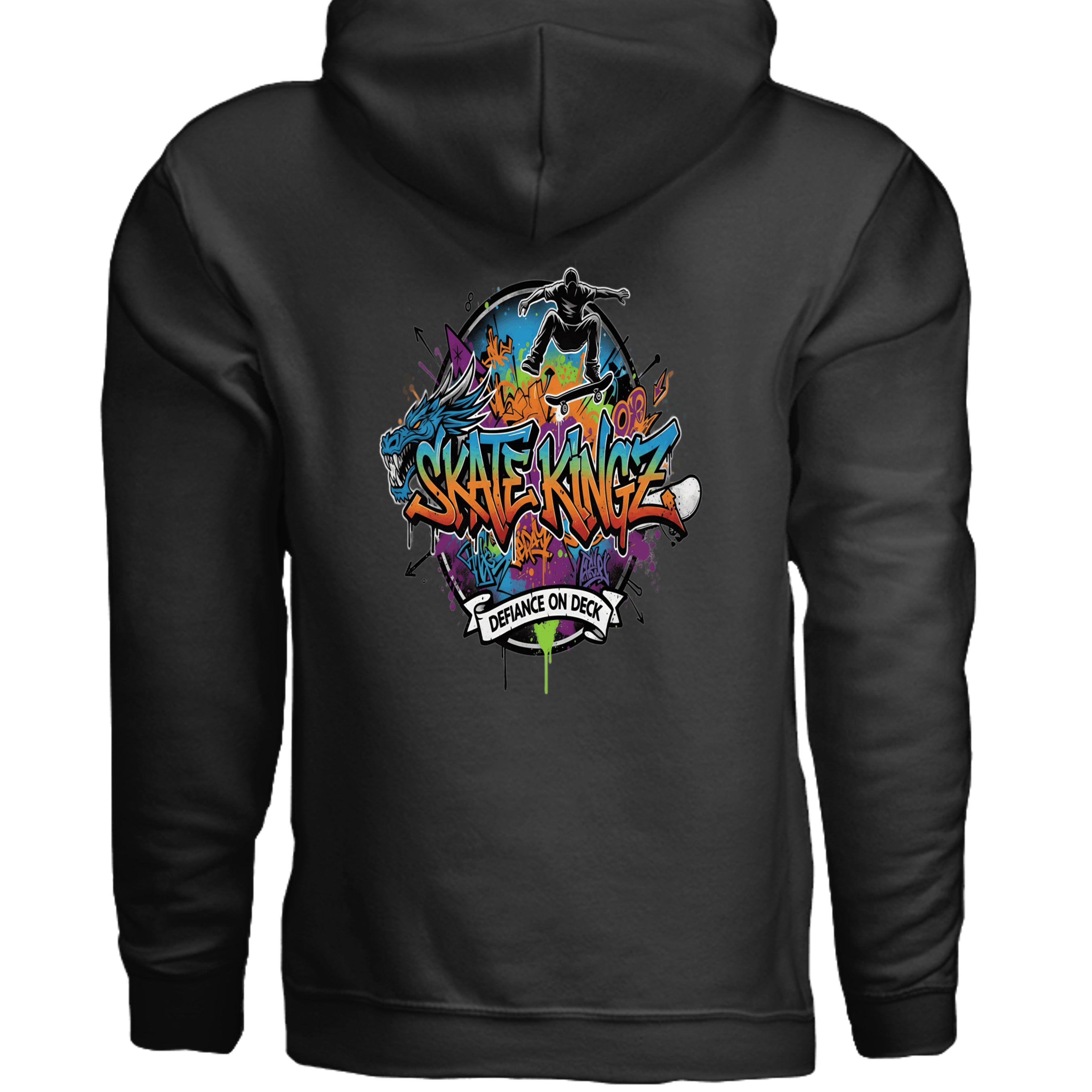 Black hoodie featuring skateboard graffiti art with Skate Kingz 'Defiance on Deck' logo on chest.