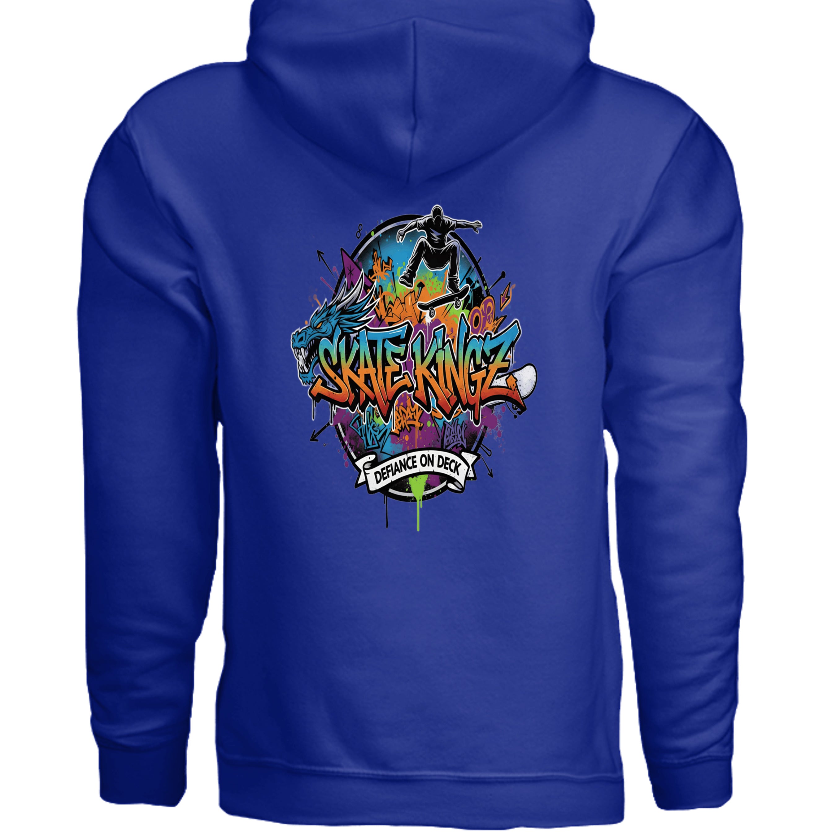Royal blue hoodie with bold Skate Kingz graffiti graphic and Defiance on Deck banner.
