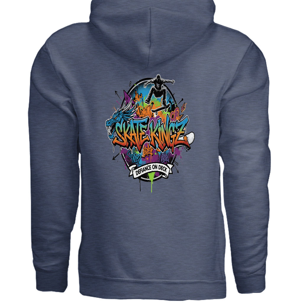 Royal blue Skate Kingz hoodie with bold graffiti skate graphic and Defiance on Deck banner