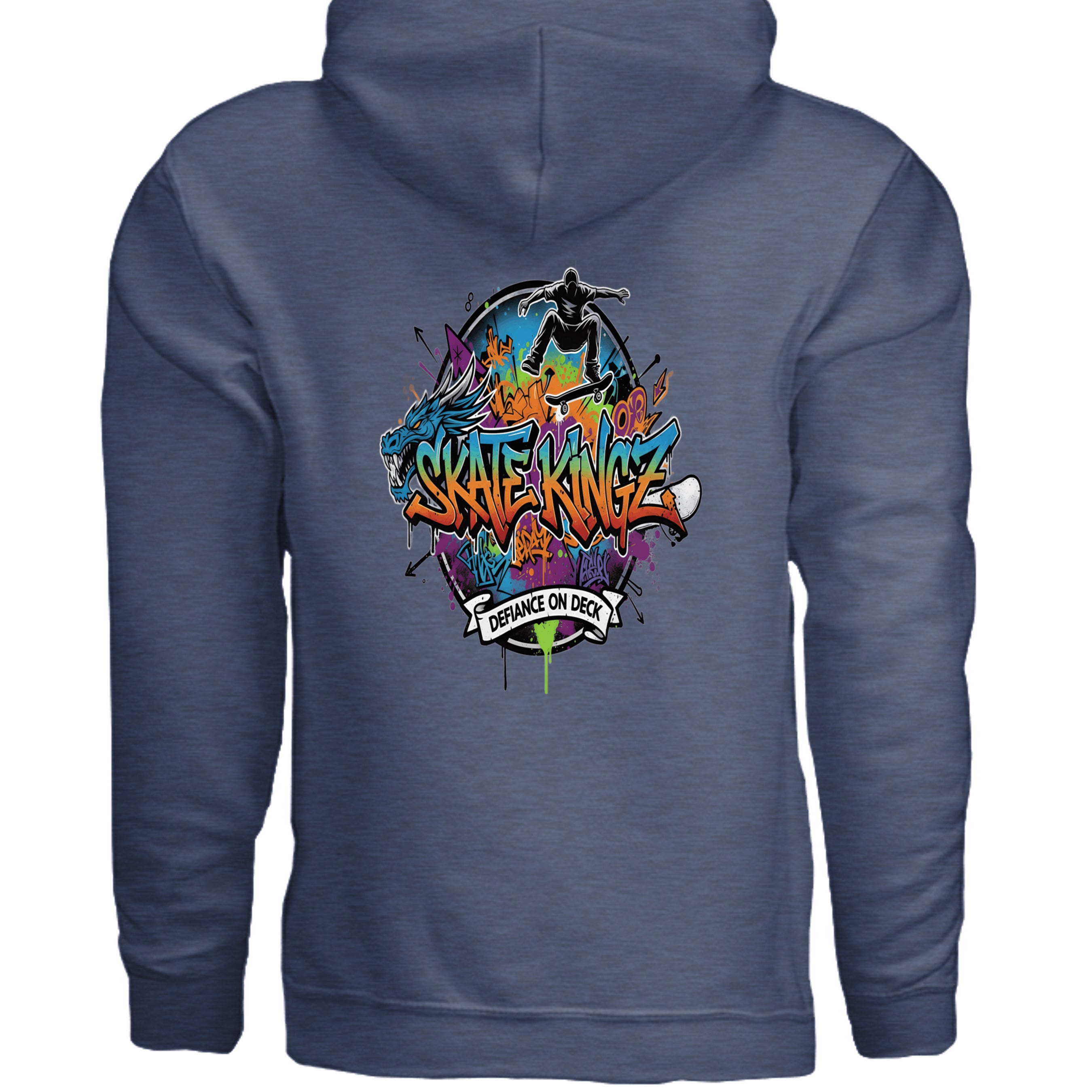 Royal blue Skate Kingz hoodie with bold graffiti skate graphic and Defiance on Deck banner