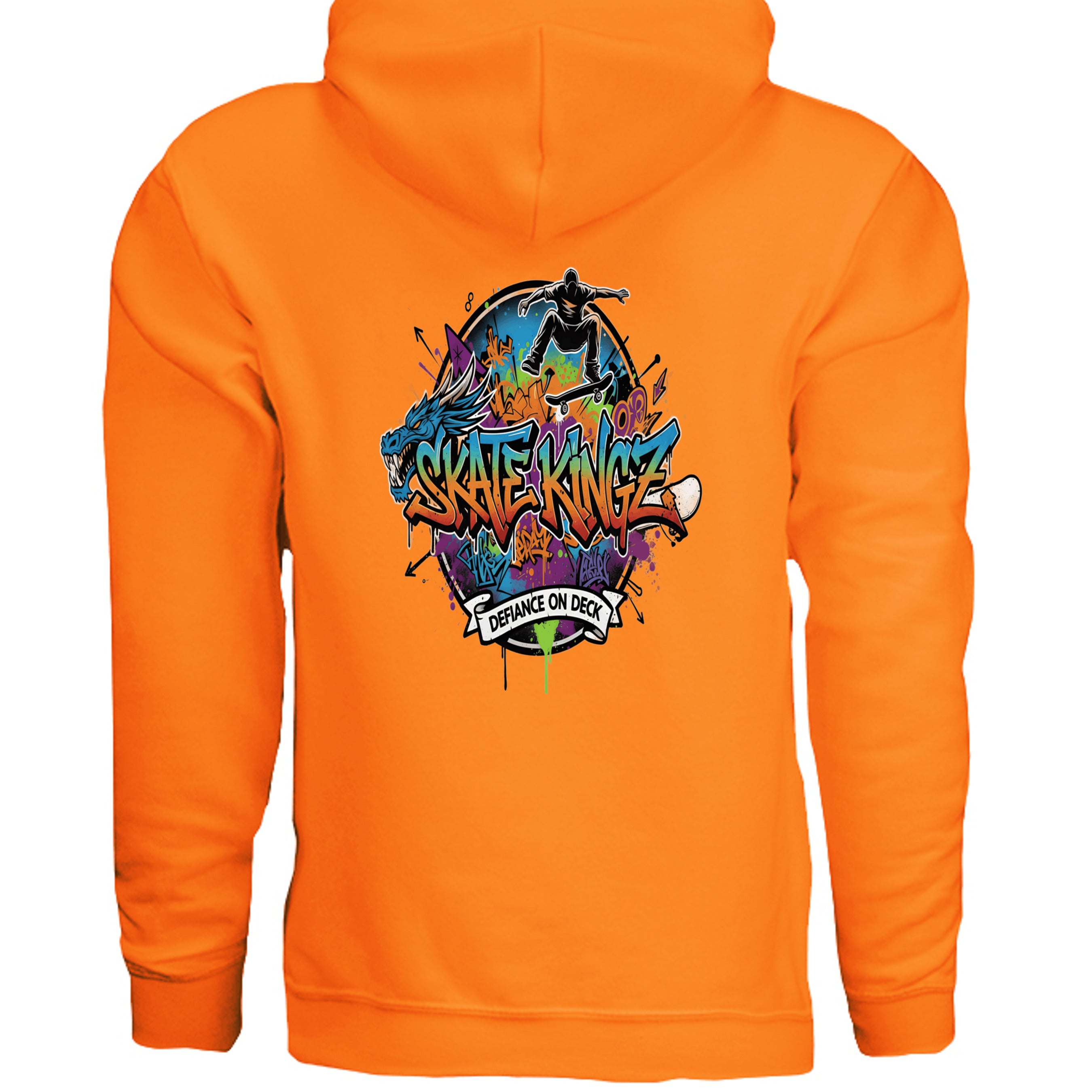 Urban Artistic Threads Skate Kingz Defiance on Deck hoodie with bold graffiti on orange pullover.