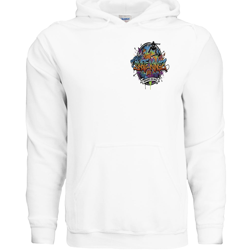 White hoodie with colorful Skate Kingz Defiance on Deck graffiti logo on chest.