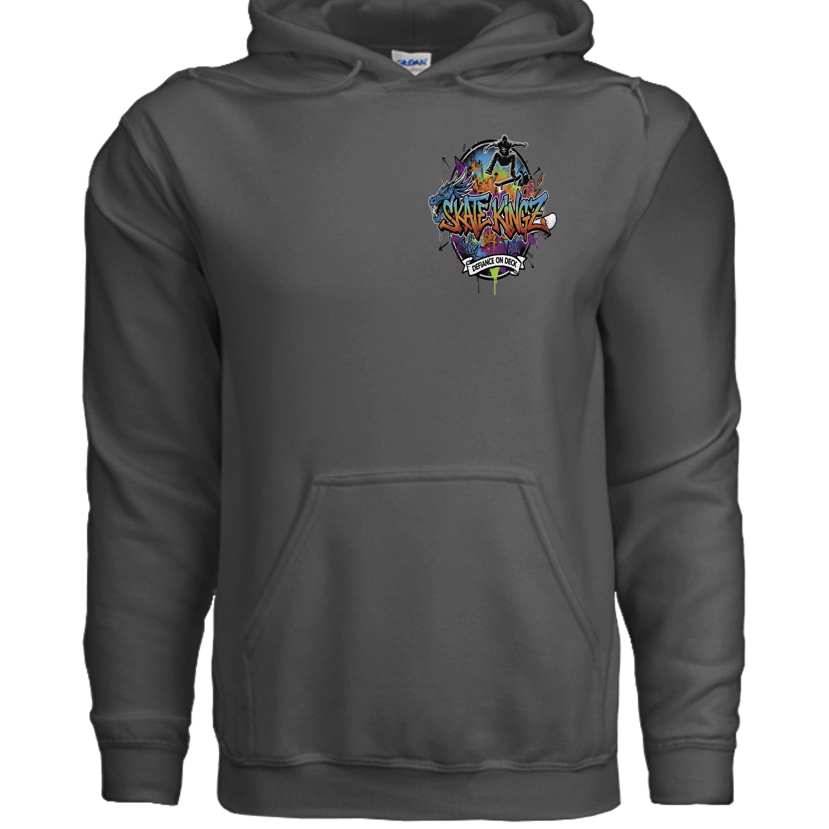Hoodie with Skate Kingz graffiti logo and Defiance on Deck motif on the chest.