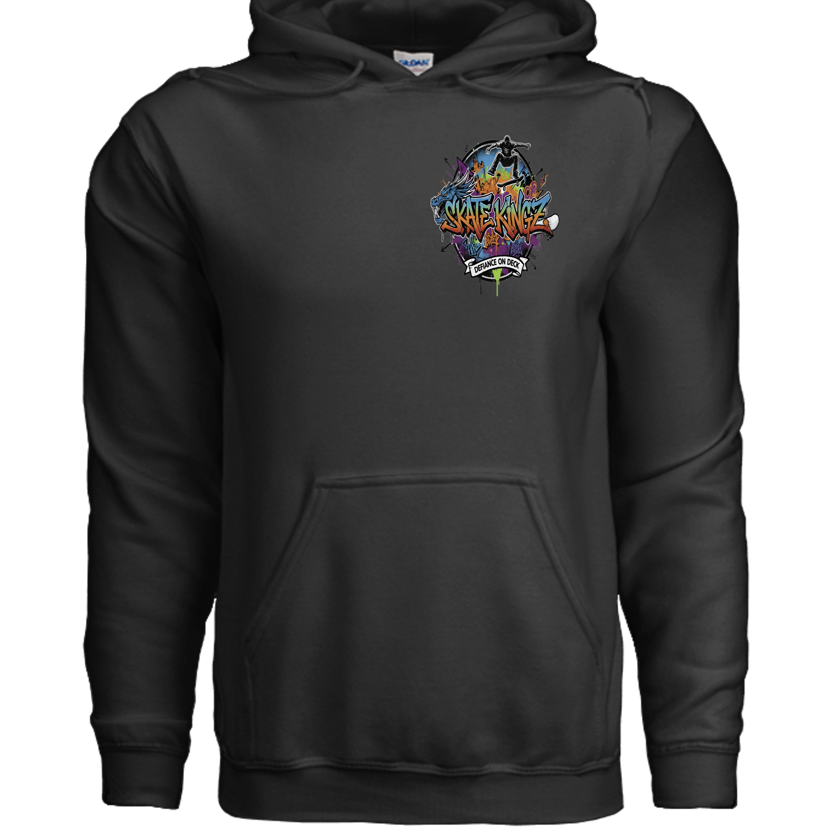Black hoodie featuring Skate Kingz Defiance on Deck graffiti artwork and skateboarder silhouette.