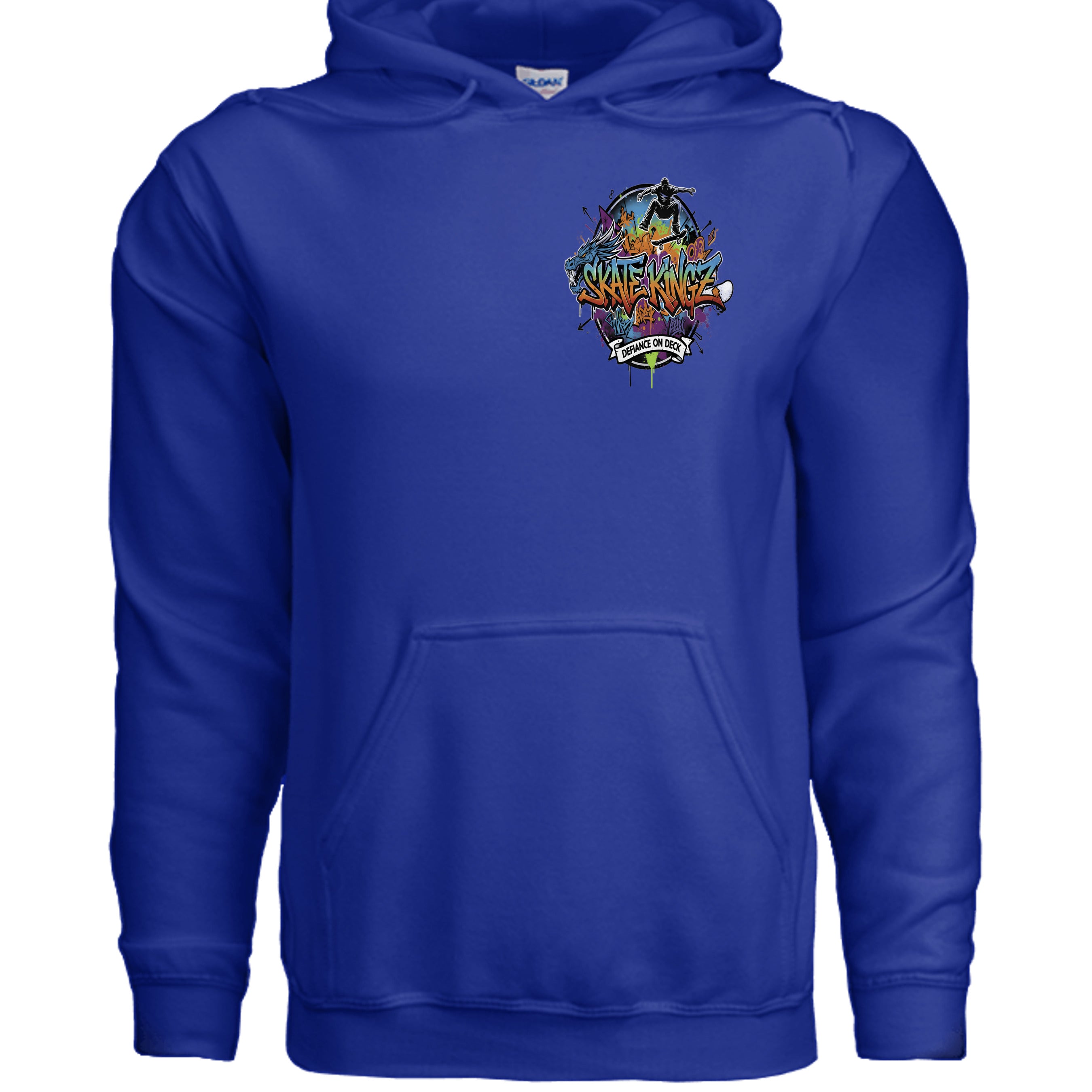 Royal blue hoodie with graffiti Skate Kingz Defiance on Deck logo, featuring skateboarder and dragon.