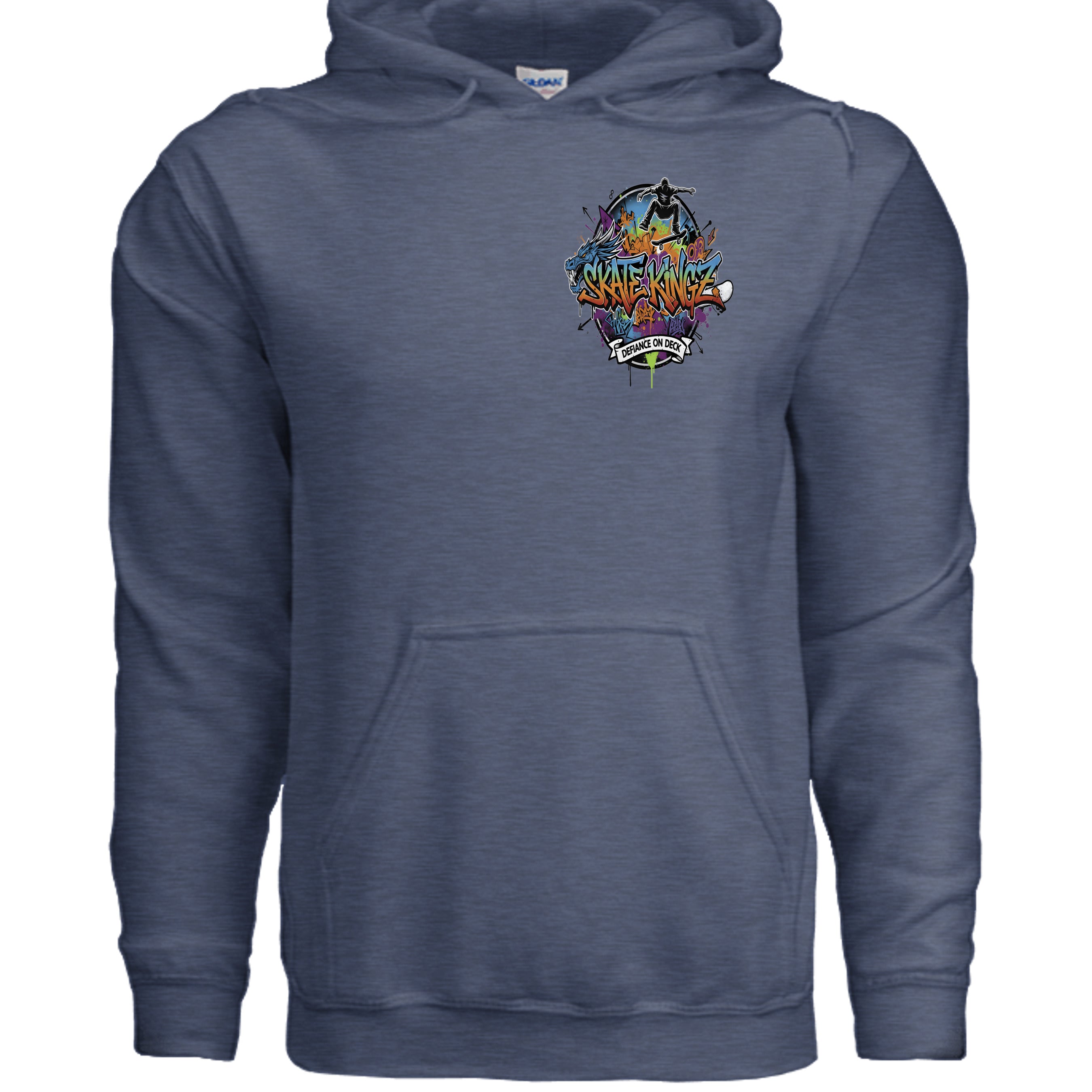 Royal blue hoodie featuring bold graffiti logo Skate Kingz Defiance on Deck with skateboarder silhouette.