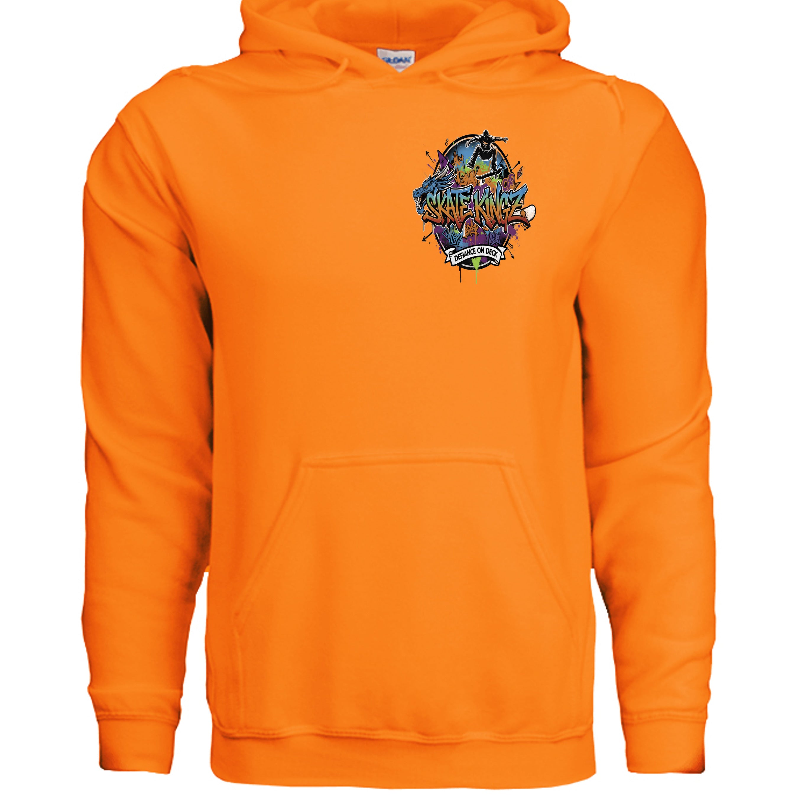 Orange hoodie with bold Skate Kingz graffiti logo and Defiance on Deck banner on chest.
