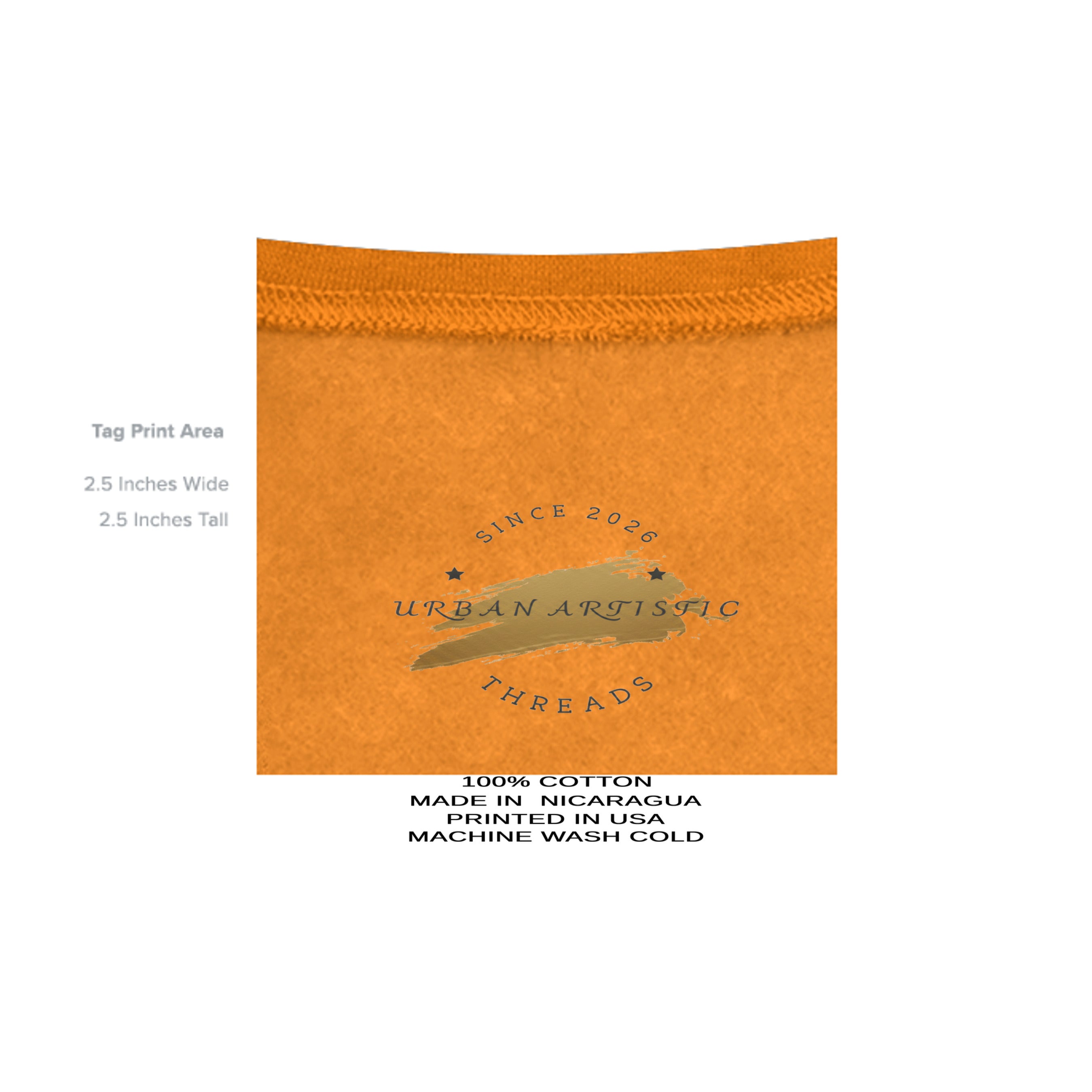 Close-up of orange hoodie fabric with visible stitching and tag area.