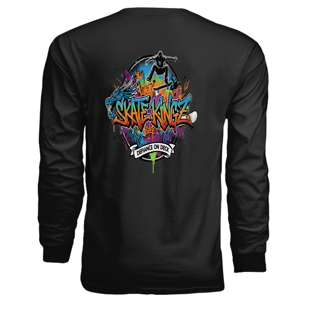 Skate Kingz graffiti long sleeve back design with skateboarder and vibrant spray-paint letters, Defiance on Deck.