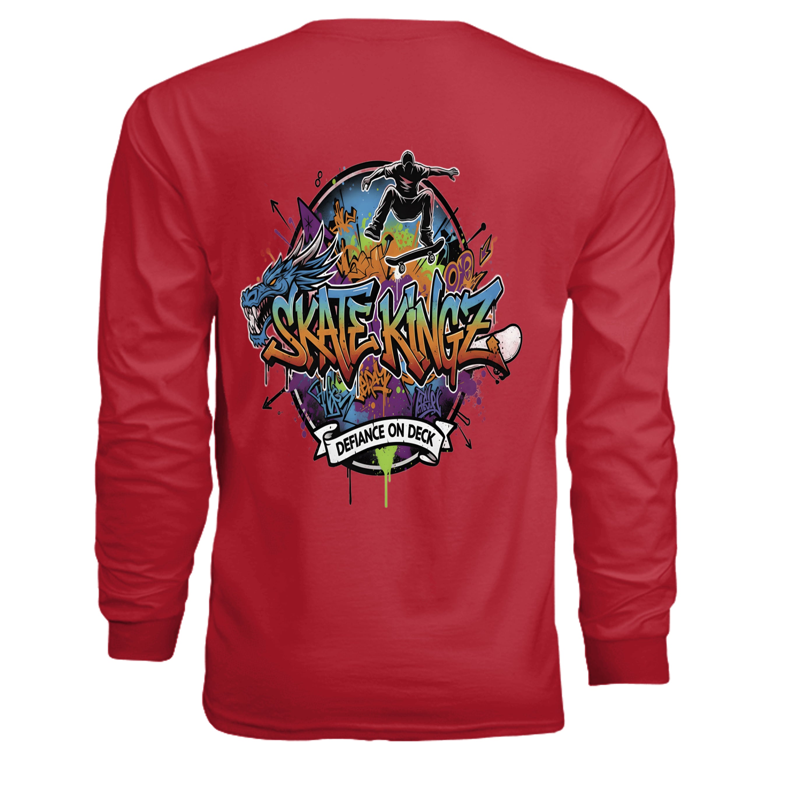 Skatekingz Long Sleeve T-shirt in red featuring graffiti artwork with dragon, skater, and 'Defiance on Deck' banner.