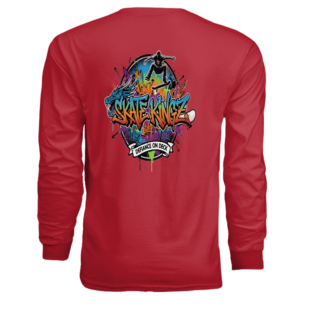 Skate Kingz Graffiti Long Sleeve back design featuring colorful graffiti, a skateboarder, and Defiance on Deck.