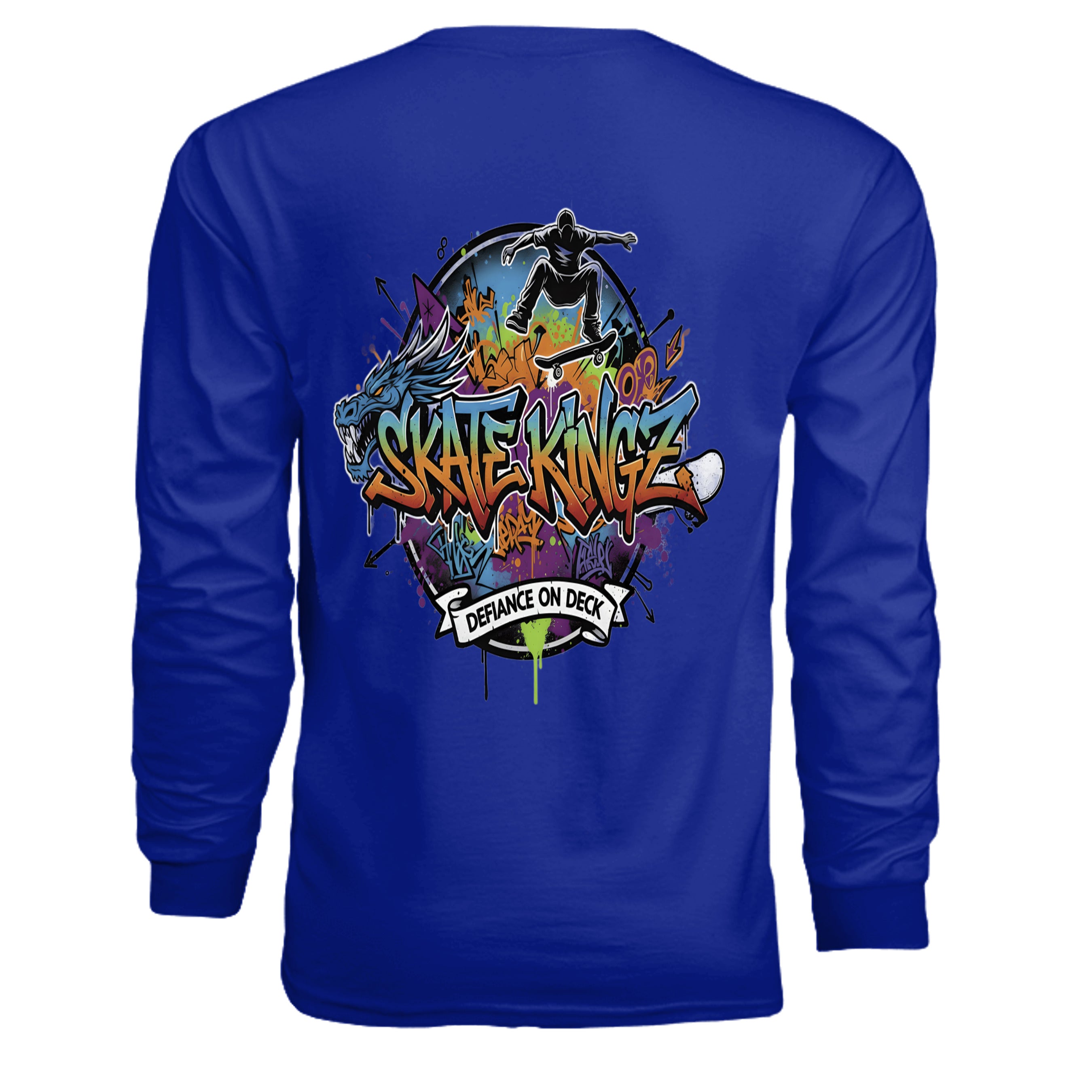 Skatekingz Long Sleeve shirt in royal blue with graffiti-style logo, skateboarder, dragon, and Defiance on Deck banner.