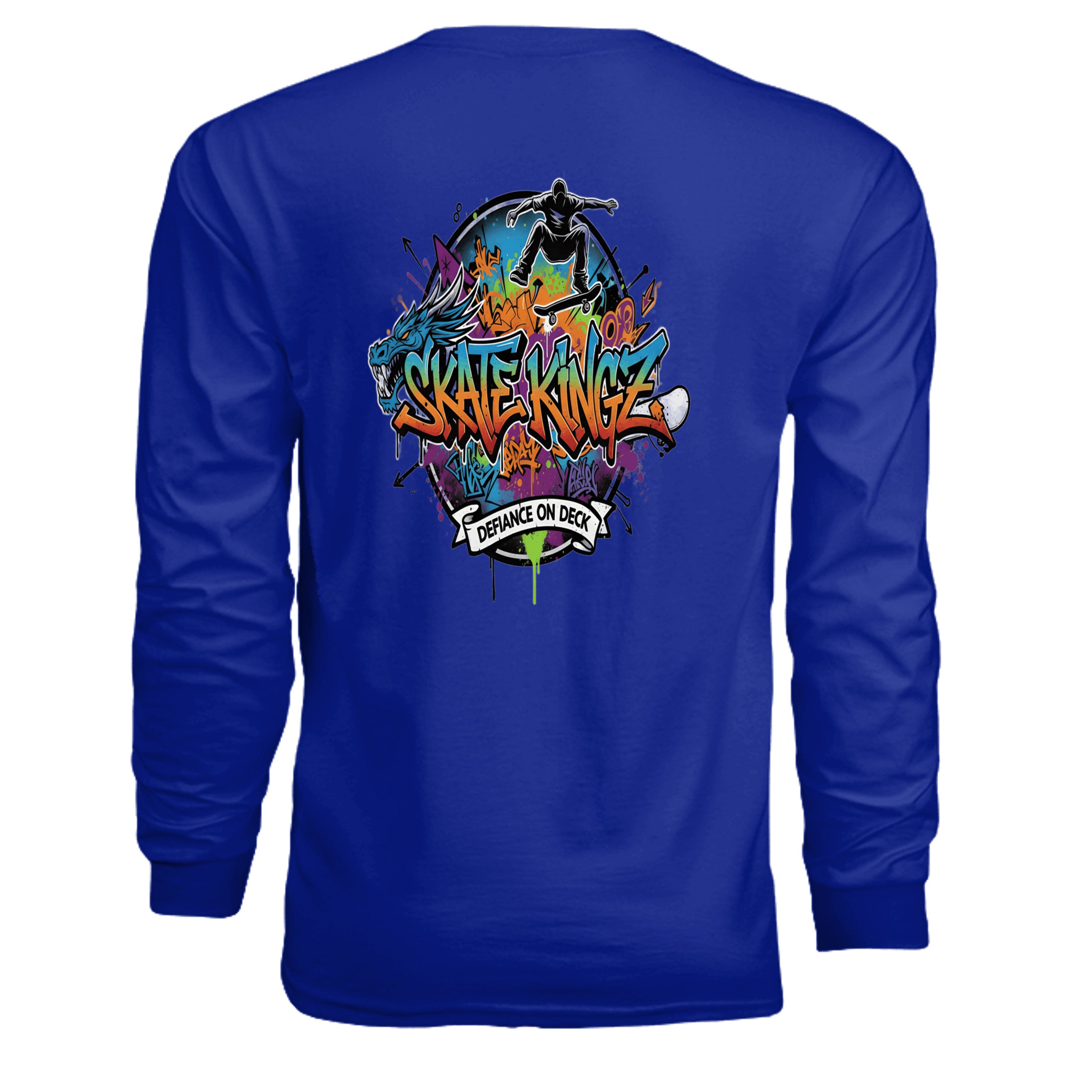 Back view of blue Skate Kingz Graffiti Long Sleeve Tee featuring colorful graffiti art and Defiance on Deck banner.