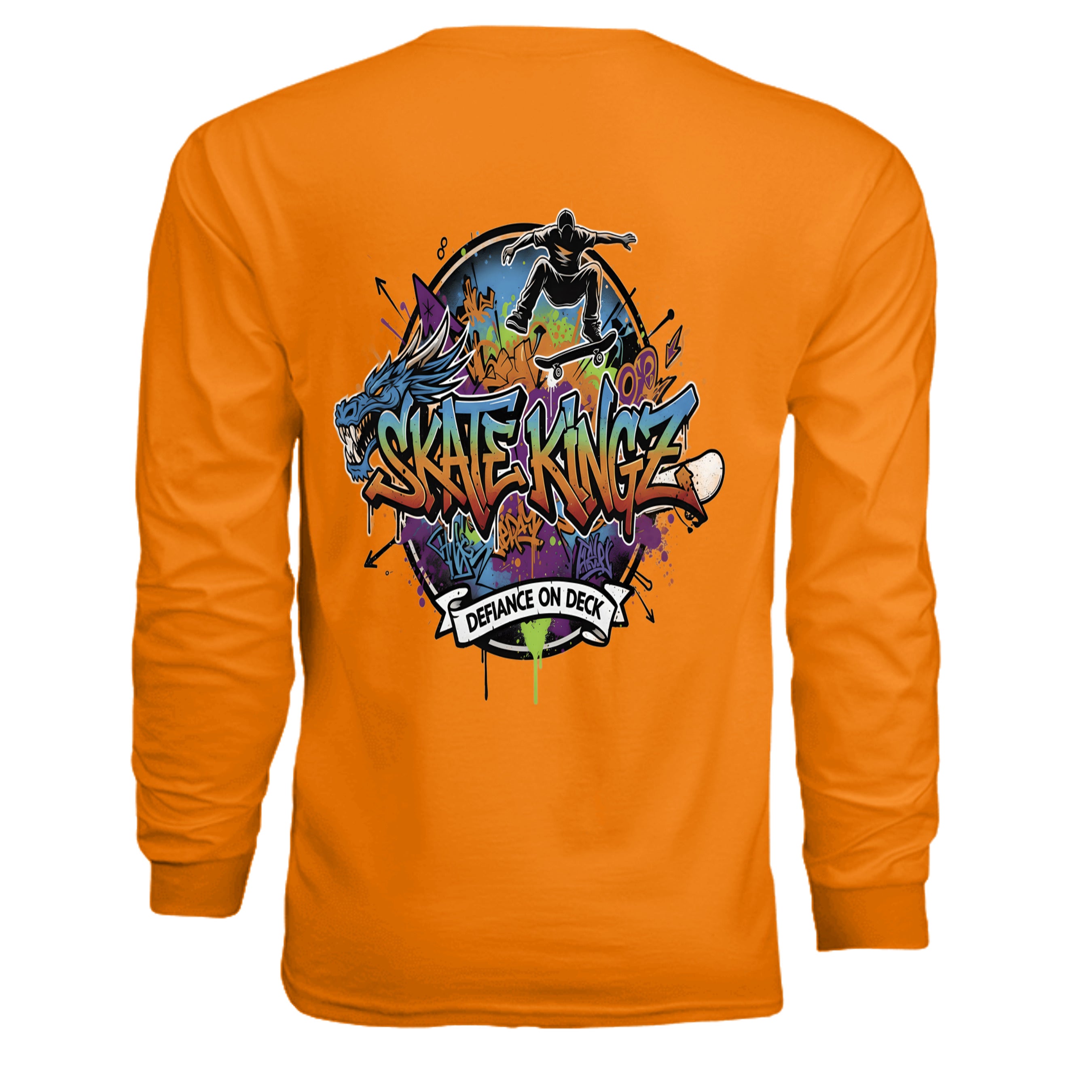 Orange long-sleeve tee with graffiti Skate Kingz logo, skateboarder silhouette, dragon, and "Defiance on Deck" banner.