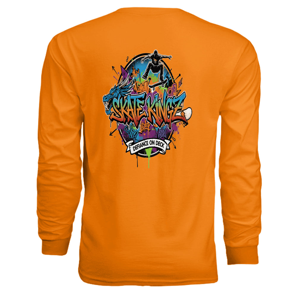 Skate Kingz graffiti long sleeve tee with skateboarder, dragon, and Defiance on Deck motto on orange fabric.
