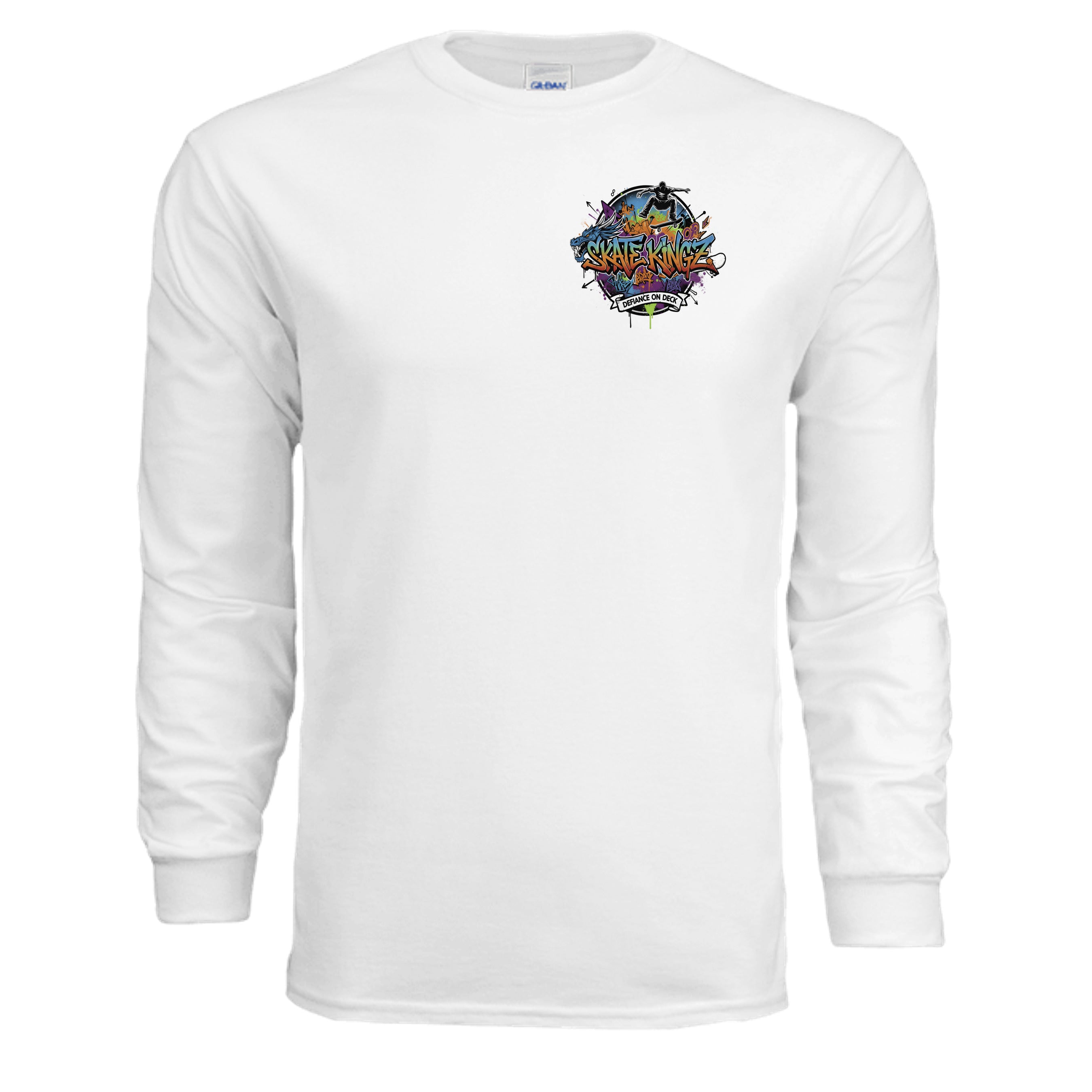 Skatekingz Long Sleeve on Gildan G240 white shirt featuring a colorful circular skate graphic on the left chest.