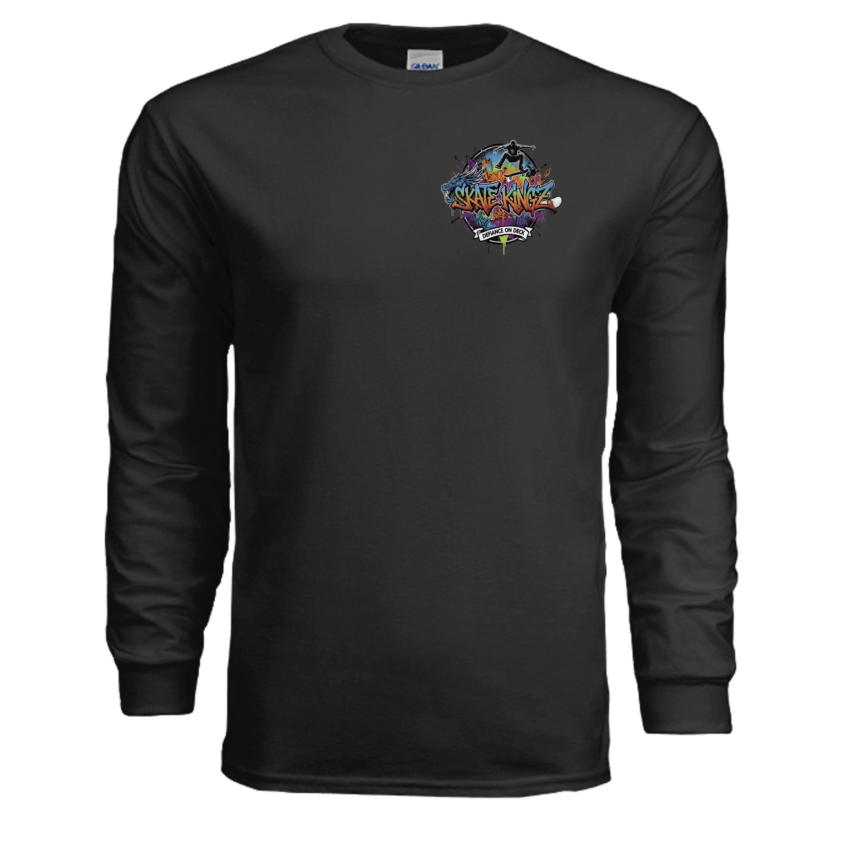 Skatekingz Long Sleeve black shirt with colorful chest logo, Gildan G240 6 oz cotton.