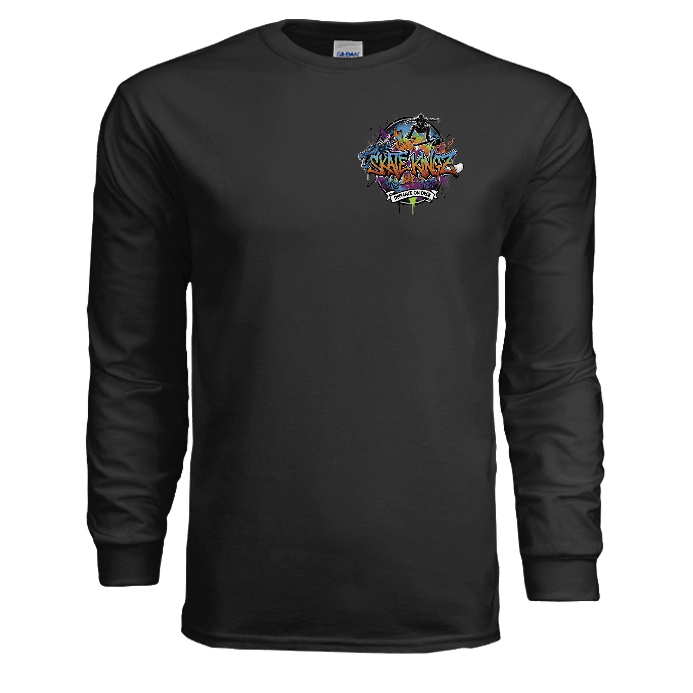 Black Skate Kingz Graffiti Long Sleeve Tee with colorful graffiti logo on chest and Defiance on Deck motto.