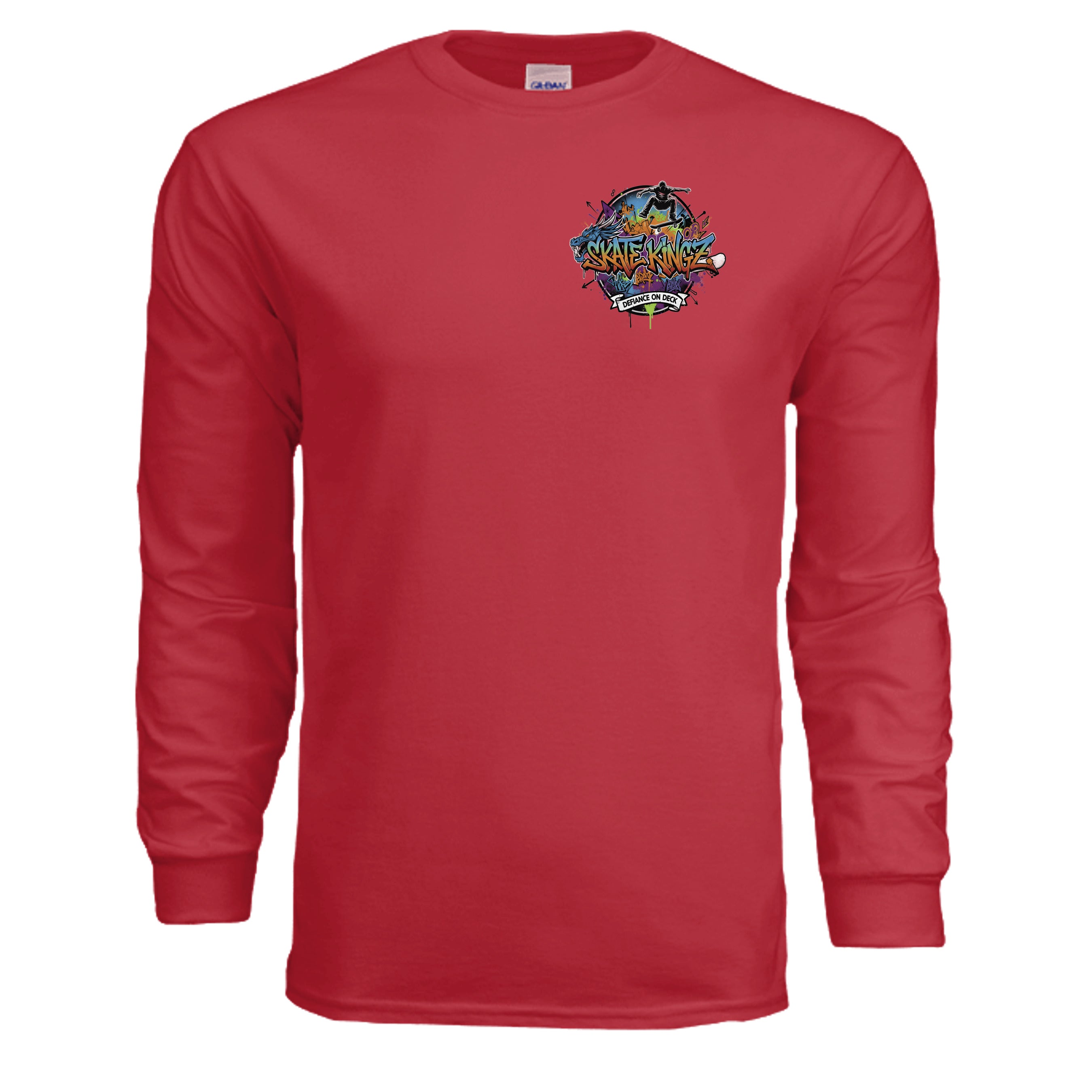 Red Skatekingz Long Sleeve shirt with colorful left-chest graphic.