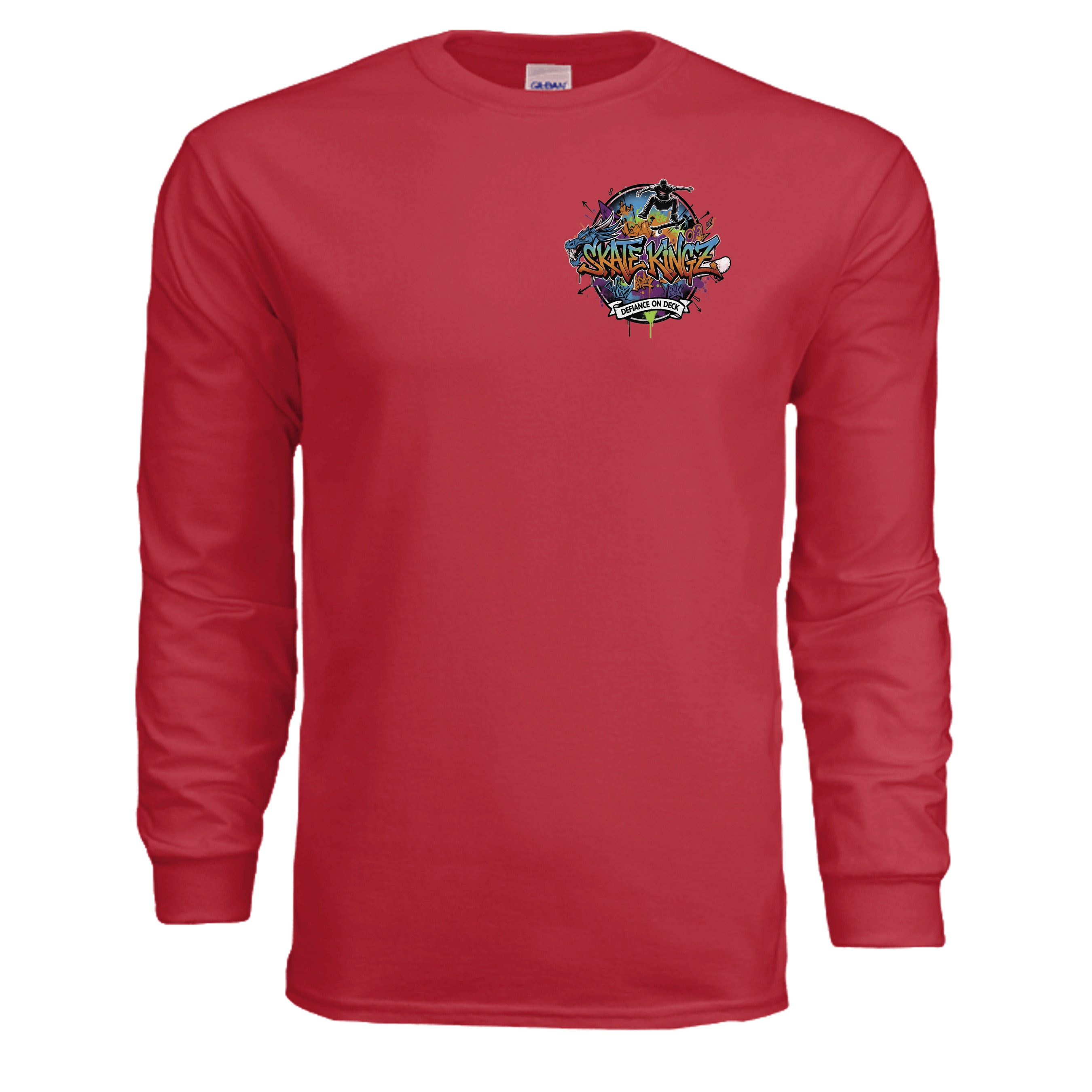 Skate Kingz Graffiti Long Sleeve Tee with vibrant multi-layered graffiti graphic and Defiance on Deck motto on chest.