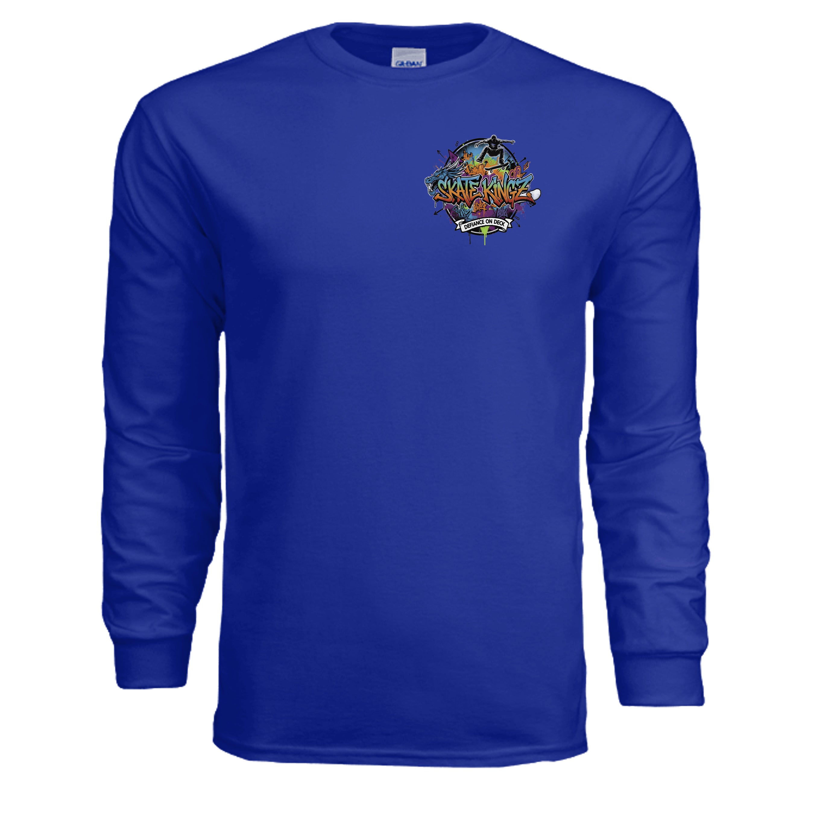 Skatekingz Long Sleeve shirt in royal blue with colorful chest logo, Gildan G240 Ultra Cotton 6 oz.