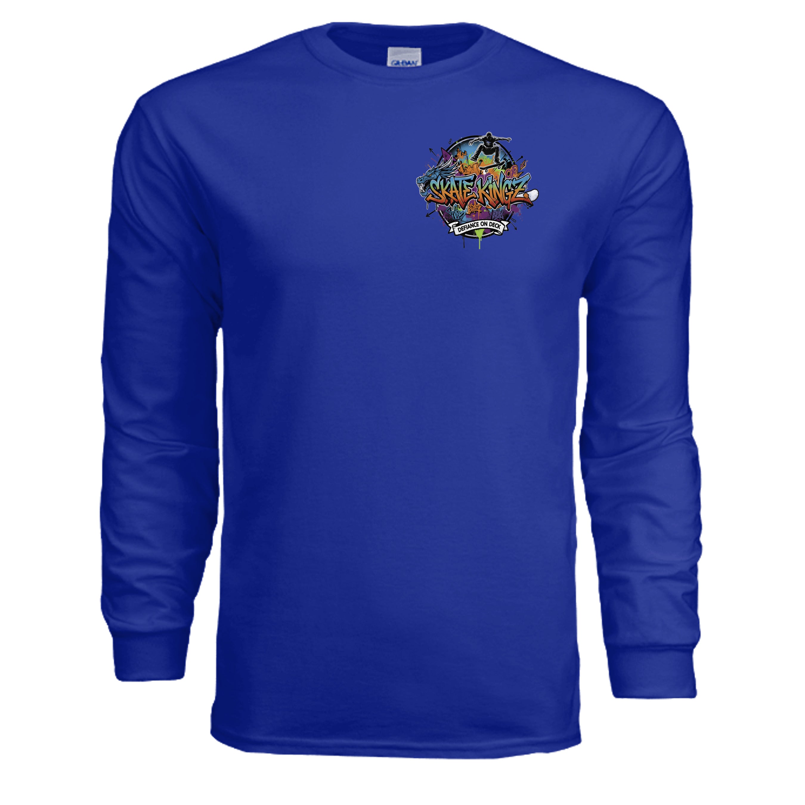 Skate Kingz Graffiti Long Sleeve Tee with a colorful graffiti graphic and Defiance on Deck motto on the chest.