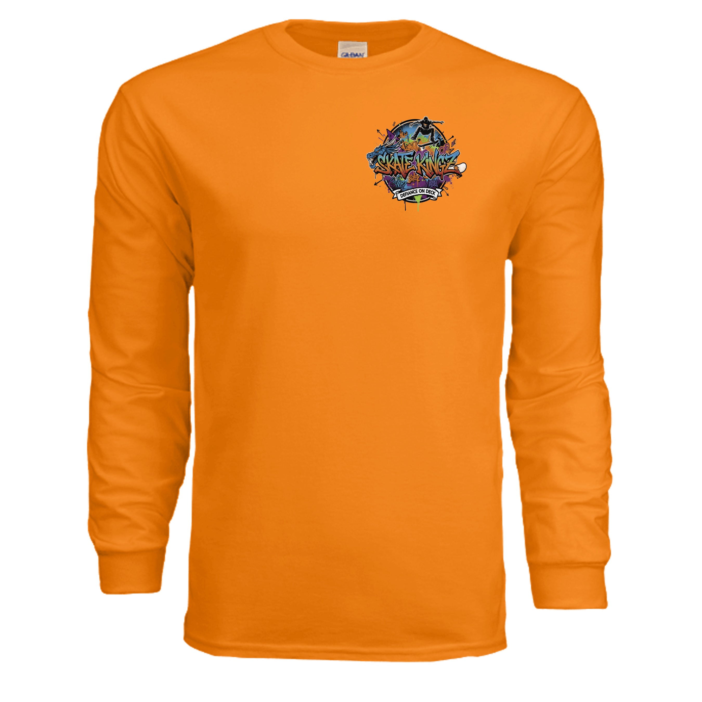 Skatekingz Long Sleeve orange shirt with colorful chest logo and skateboard artwork.