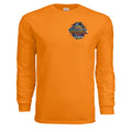 Skate Kingz graffiti long sleeve tee in orange with Defiance on Deck motto and skateboarder graphic.