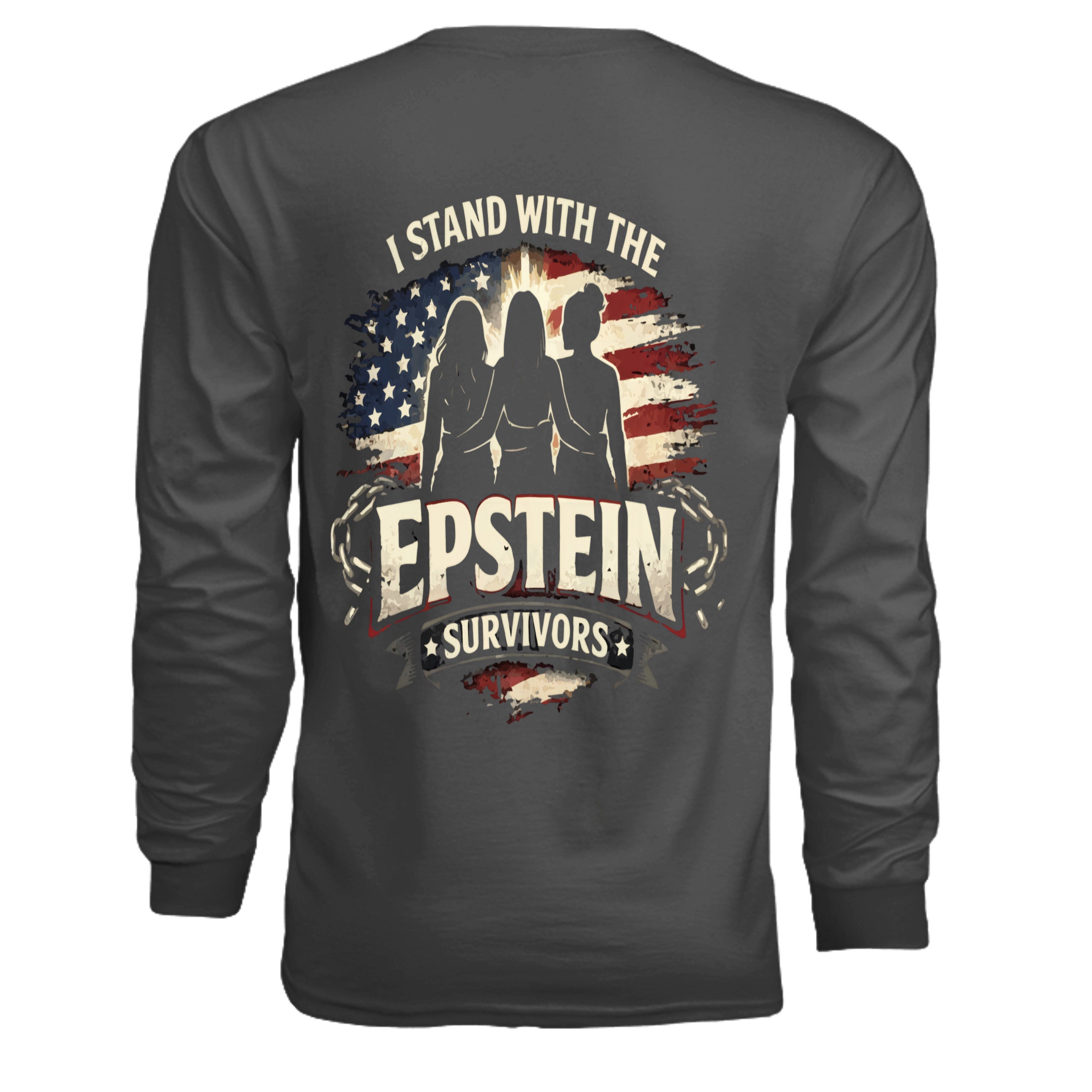 Epstein Survivors Long Sleeve Shirt featuring three silhouettes before a distressed US flag backdrop.