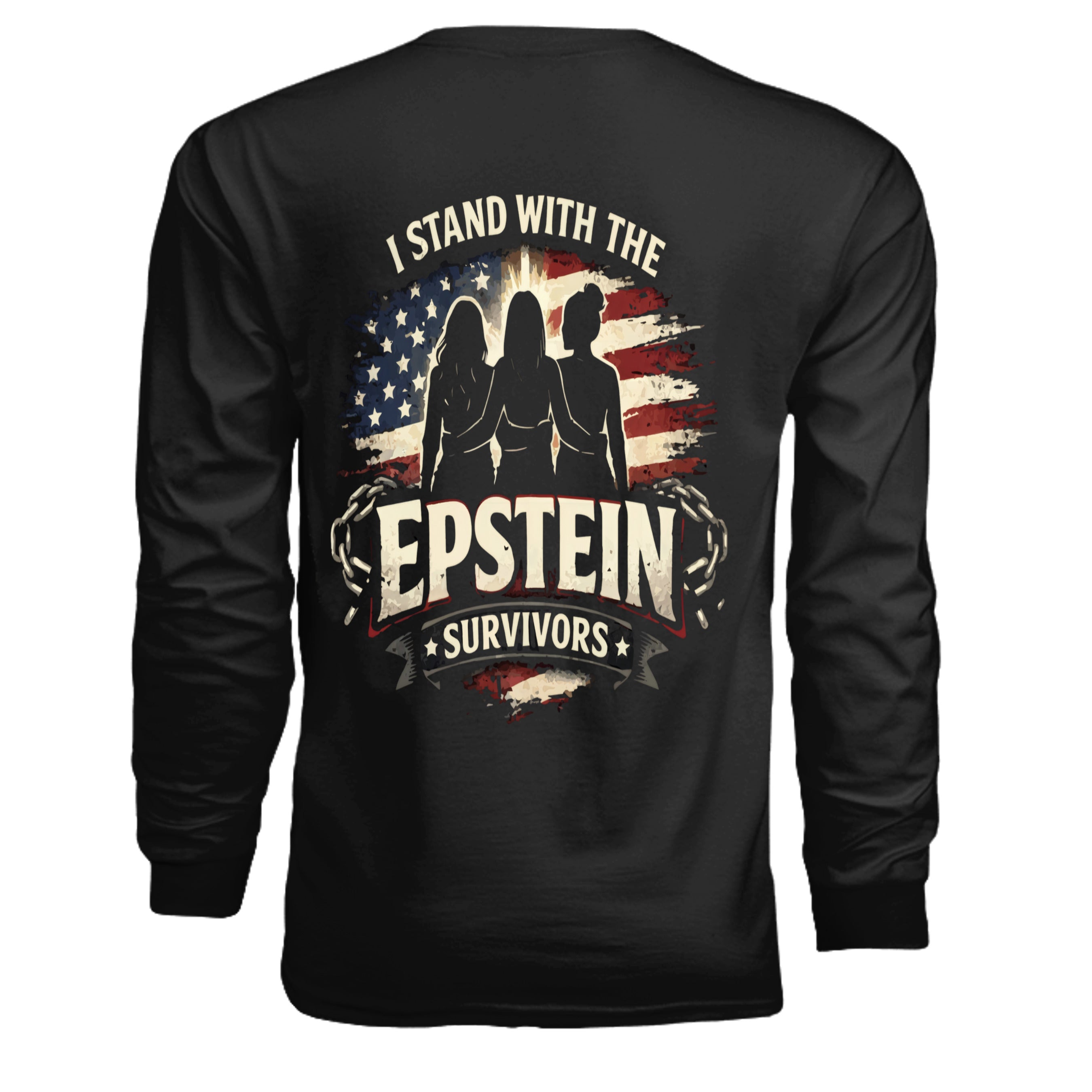 Epstein Survivors long-sleeve shirt with three silhouettes and American flag backdrop.
