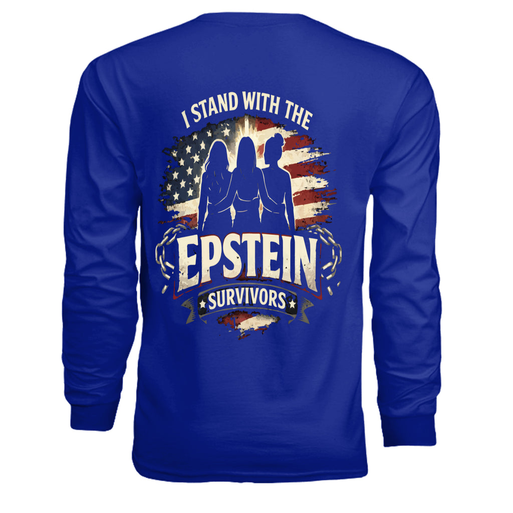 Epstein Survivors long sleeve shirt with three blue silhouettes, distressed American flag, and chains.