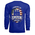 Epstein Survivors long sleeve shirt with three blue silhouettes, distressed American flag, and chains.